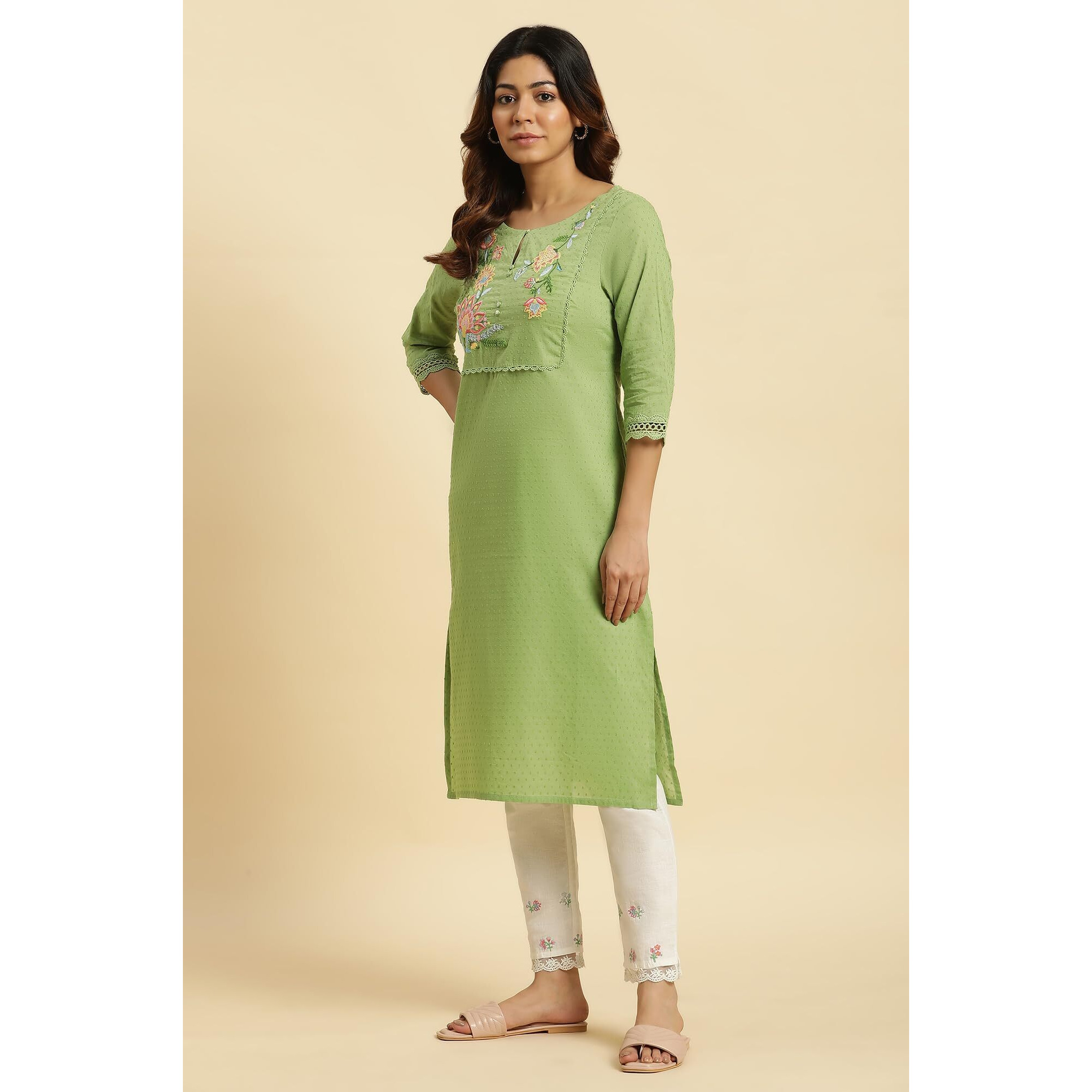 W For Woman Green Cotton Floral Printed Regular Kurta with Lace Detail