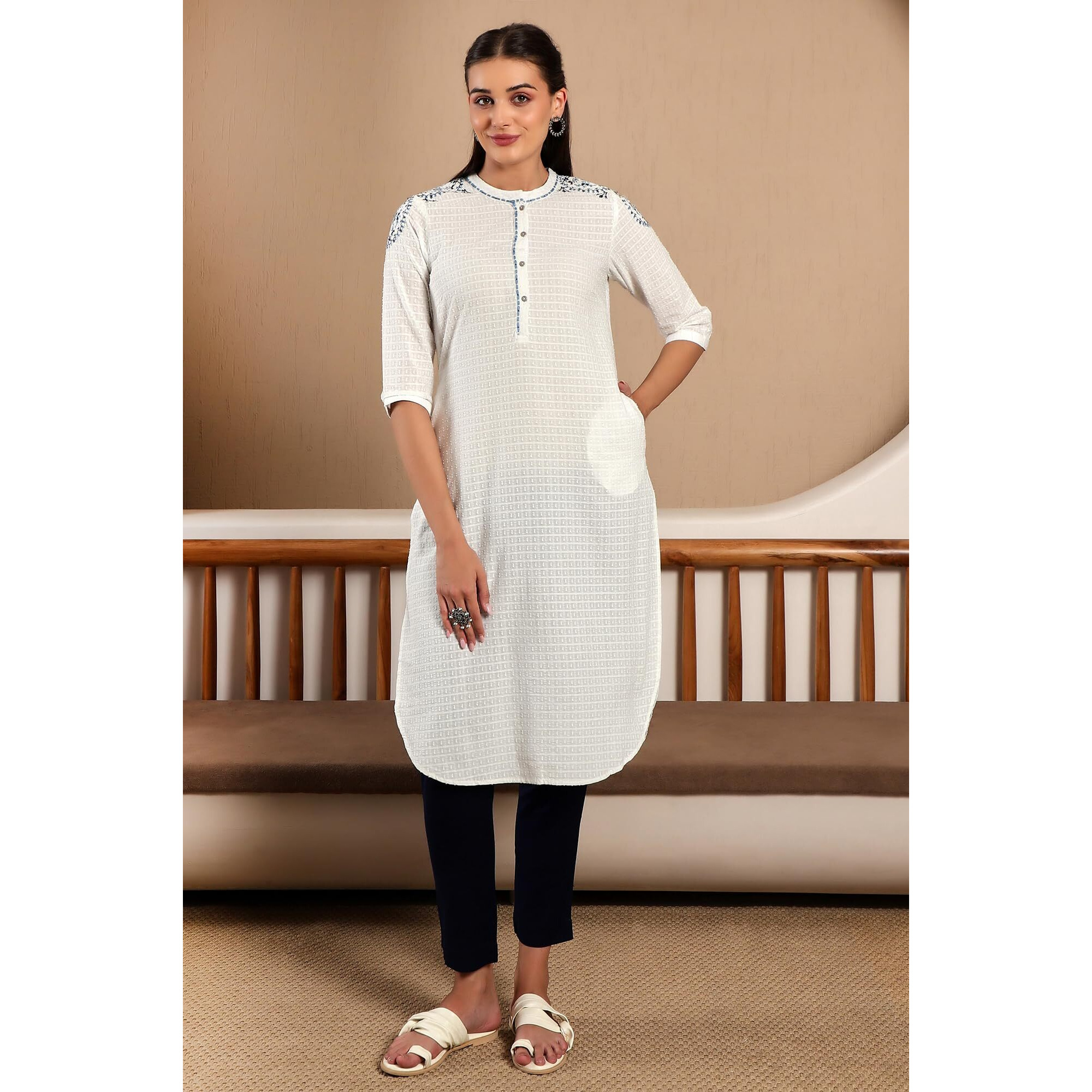 W White Cotton Thread Work Straight-Long Kurta for Women
