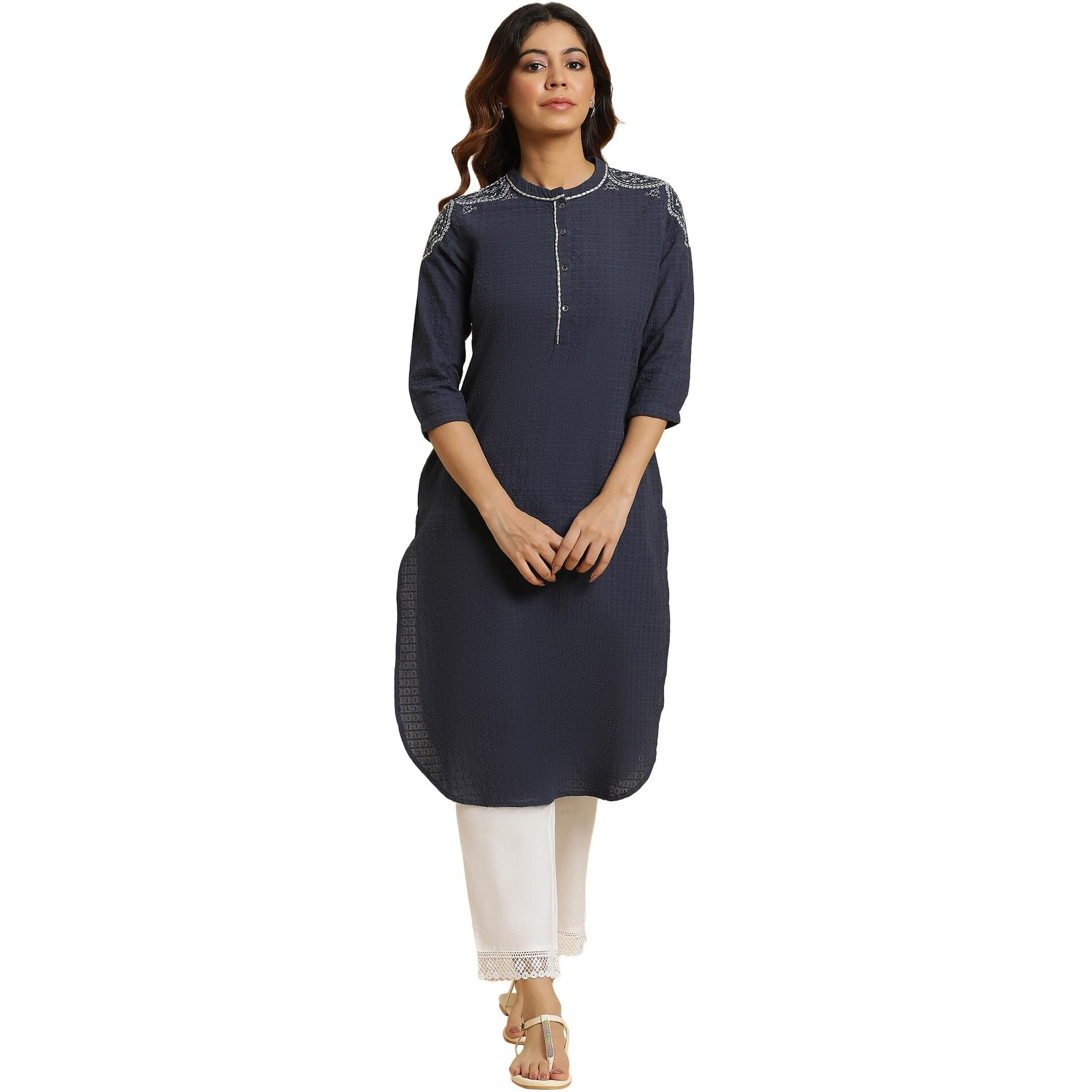 W For Woman Blue Cotton Thread W For Womanork Straight-Long Self-Design Kurta