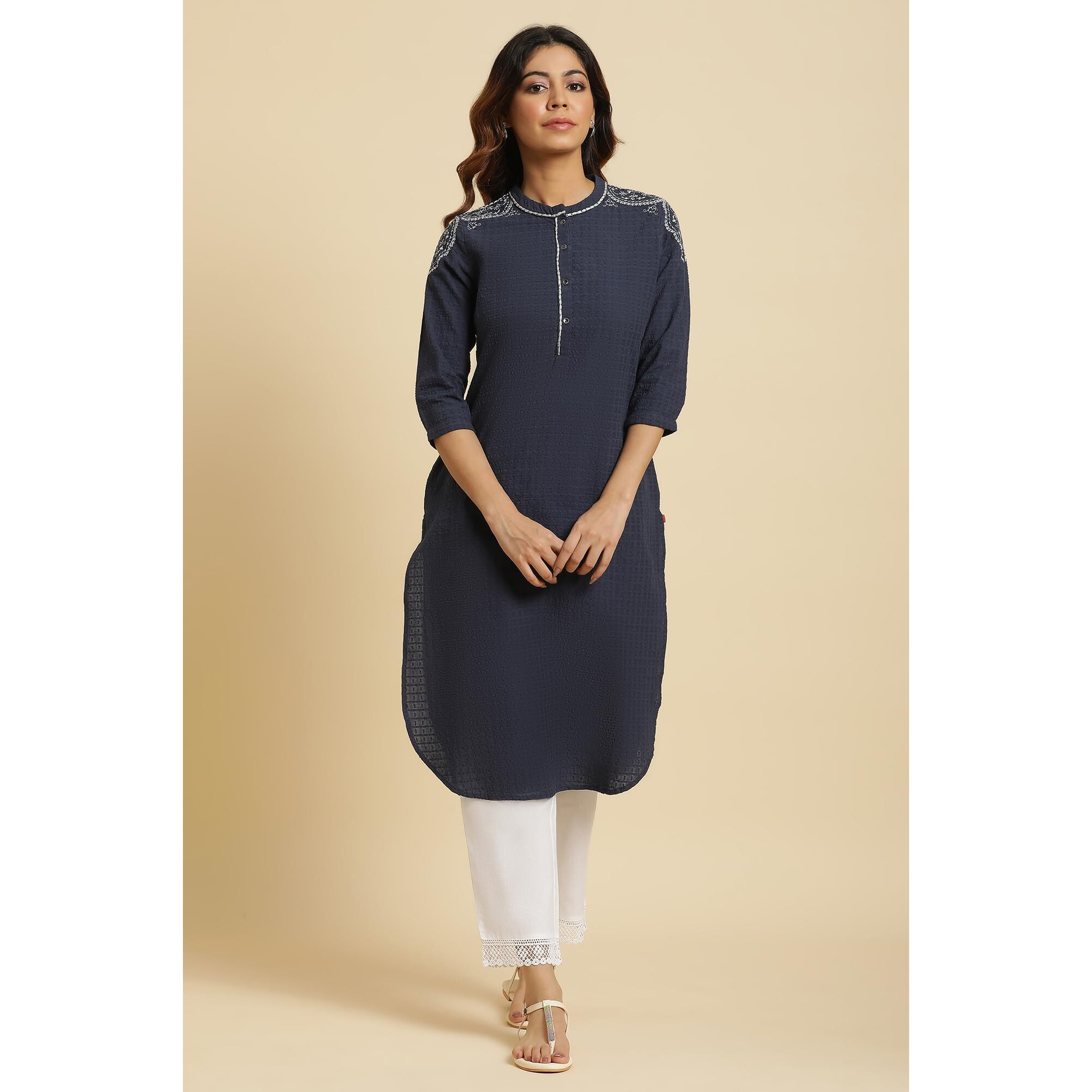 W For Woman Blue Cotton Thread W For Womanork Straight-Long Self-Design Kurta