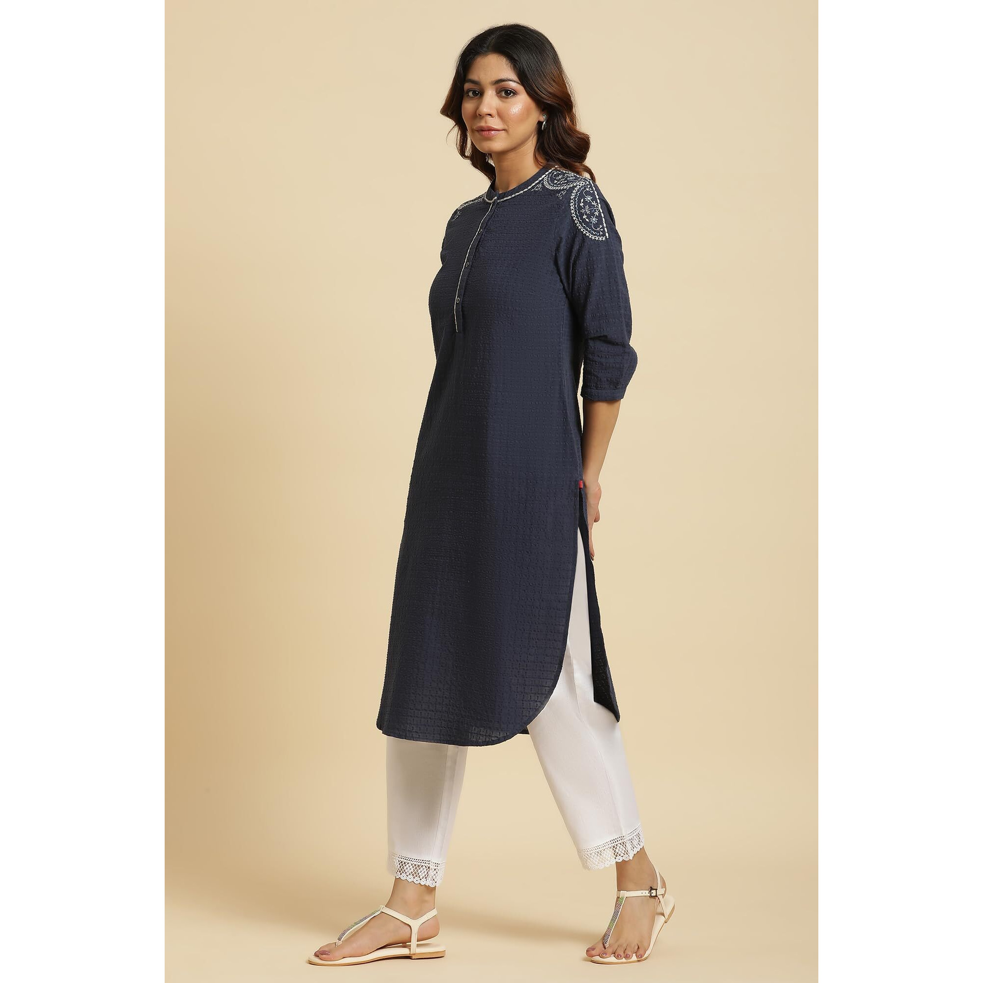 W For Woman Blue Cotton Thread W For Womanork Straight-Long Self-Design Kurta