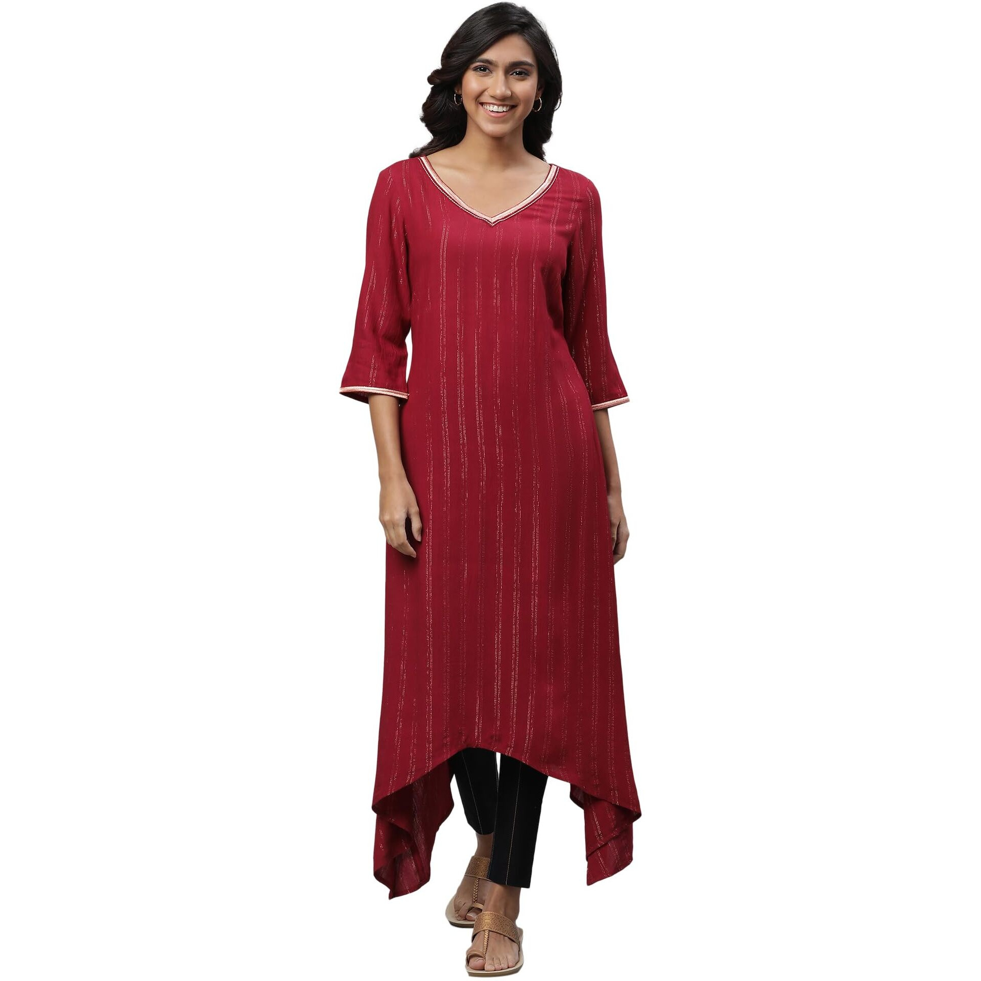 Aurelia Women's Wine Stripes Yarn Dyed Rayon Crepe Aline Kurta_23AUA14303-704168_S