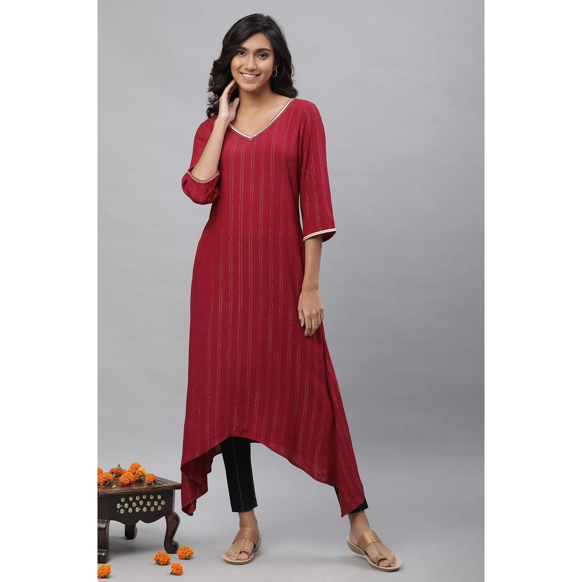Aurelia Women's Wine Stripes Yarn Dyed Rayon Crepe Aline Kurta_23AUA14303-704168_S