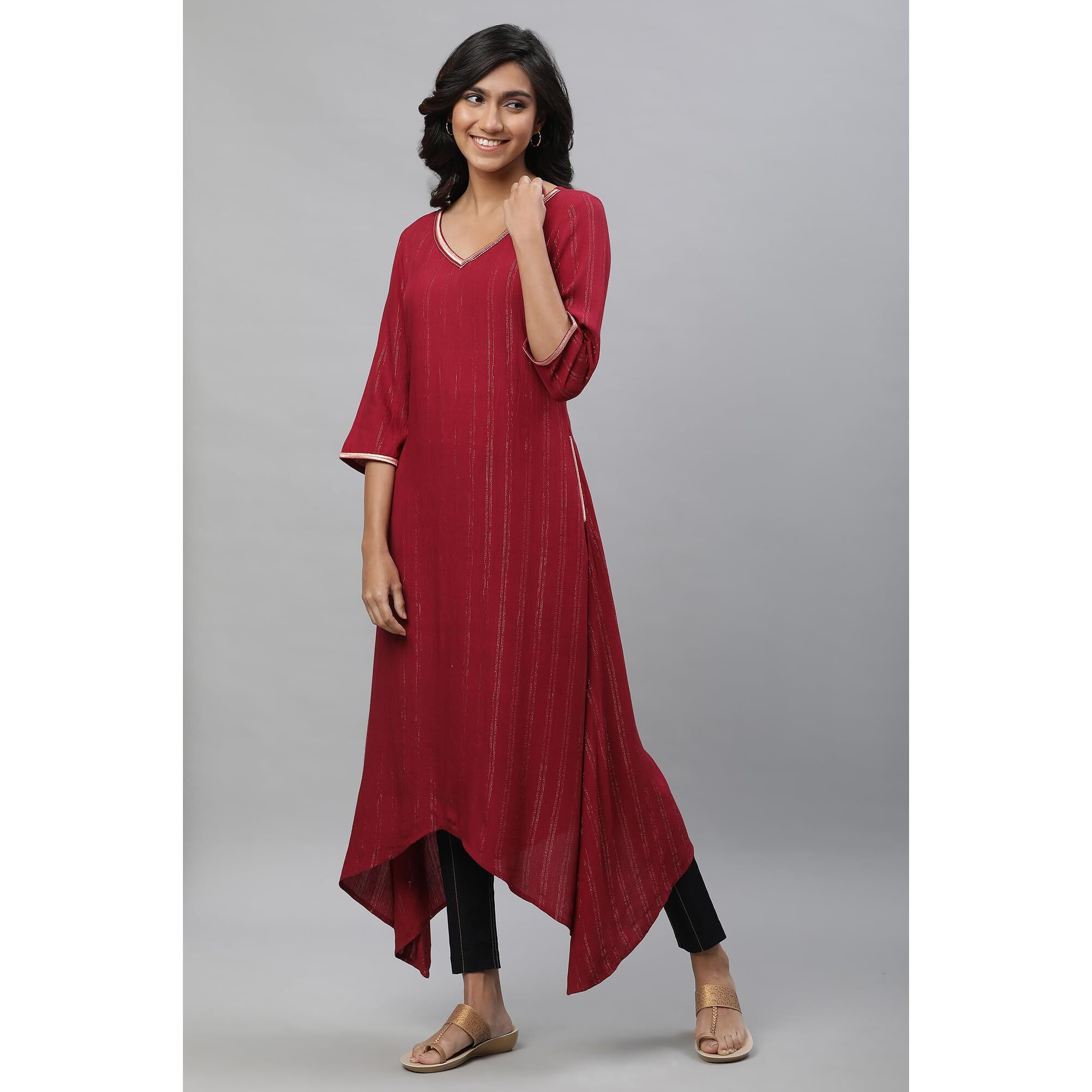 Aurelia Women's Wine Stripes Yarn Dyed Rayon Crepe Aline Kurta_23AUA14303-704168_S