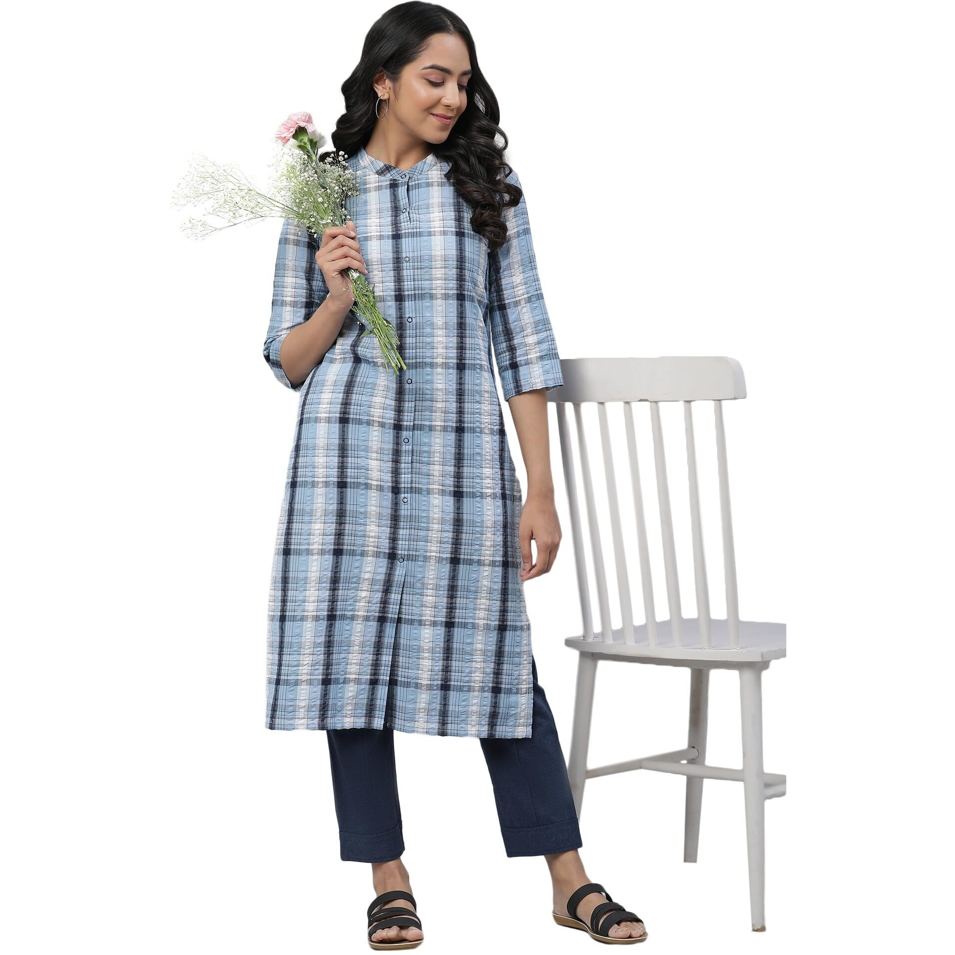 Aurelia Blue Checked Cotton Regular Kurta for Women
