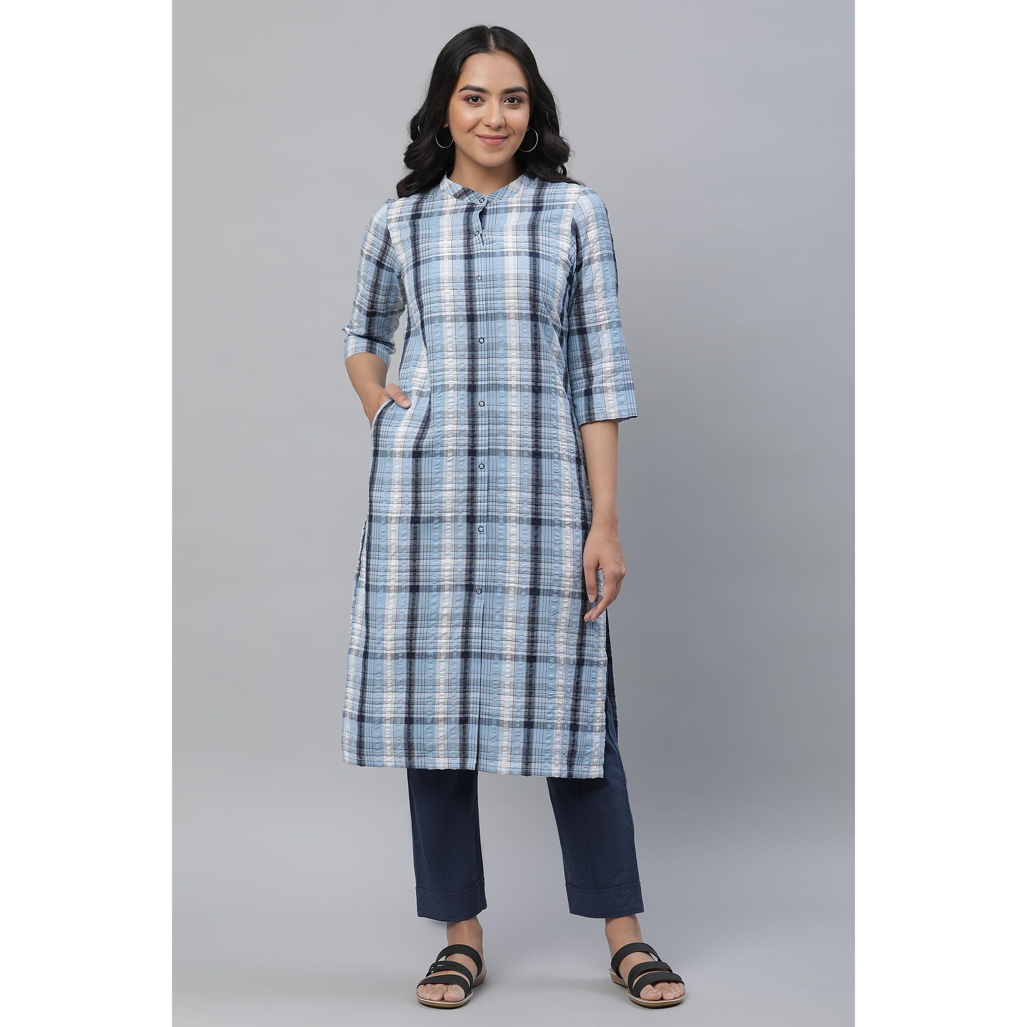 Aurelia Blue Checked Cotton Regular Kurta for Women