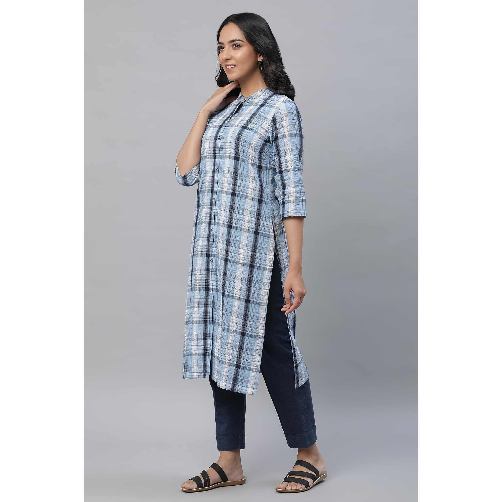Aurelia Blue Checked Cotton Regular Kurta for Women
