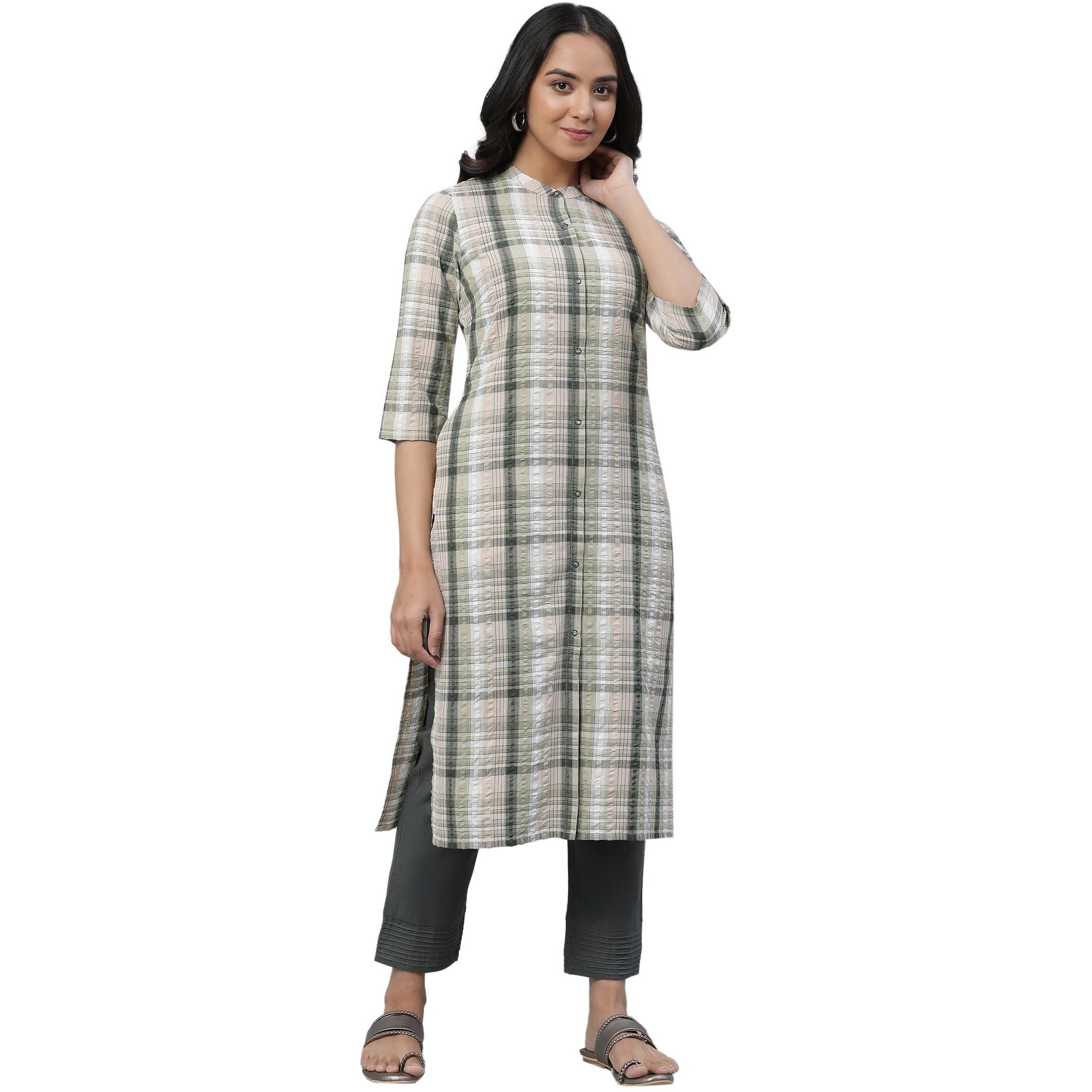 Aurelia Green Checked Cotton Regular Kurta for Women