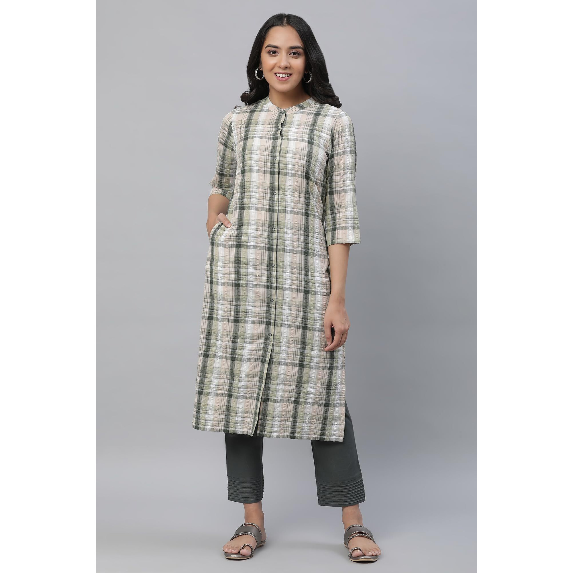 Aurelia Green Checked Cotton Regular Kurta for Women