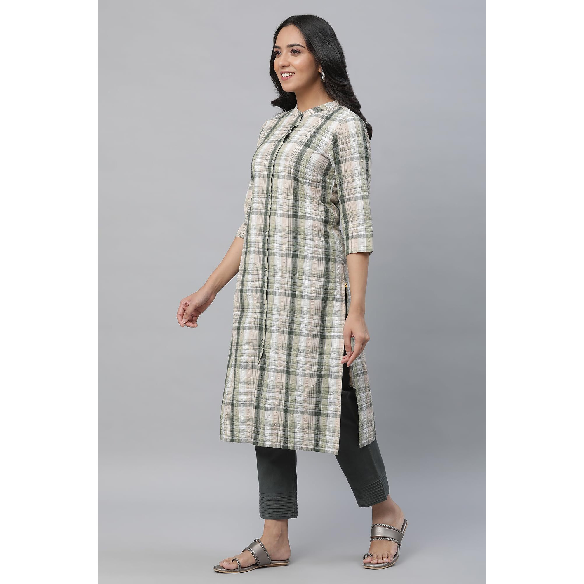 Aurelia Green Checked Cotton Regular Kurta for Women