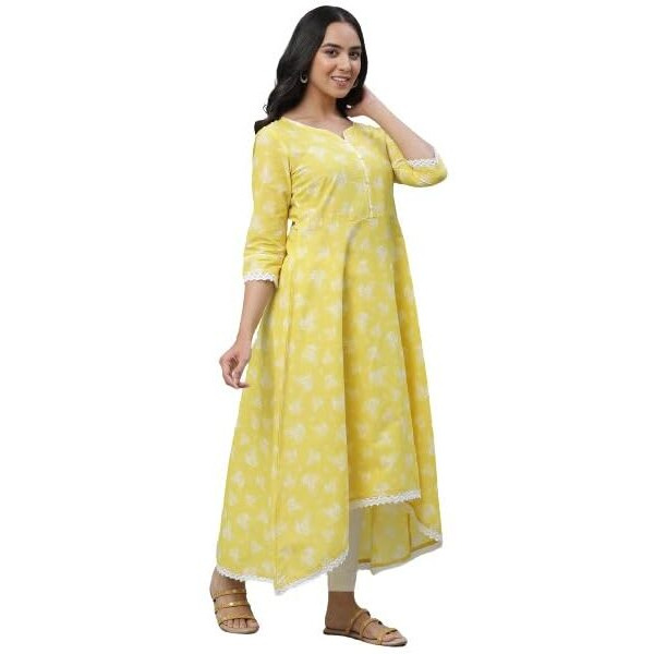 Aurelia Womens Floral Printed Flared Pure Cotton Kurta | Lightweight Round Neck Kurta for Women Cotton | Printed Kurta for Women | Soft & Breathable Regular Fit Kurta for Women Yellow Cream