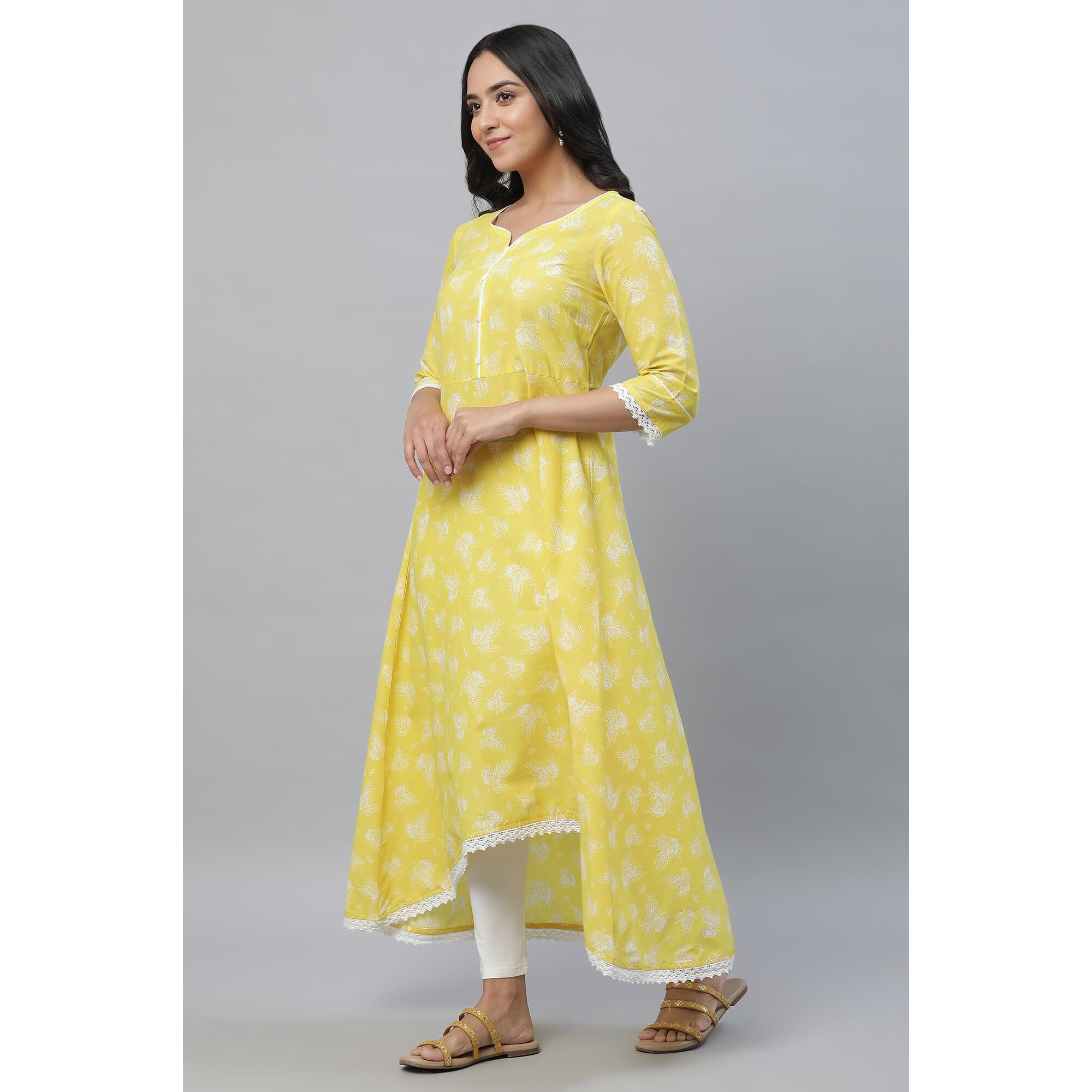 Aurelia Womens Floral Printed Flared Pure Cotton Kurta | Lightweight Round Neck Kurta for Women Cotton | Printed Kurta for Women | Soft & Breathable Regular Fit Kurta for Women Yellow Cream