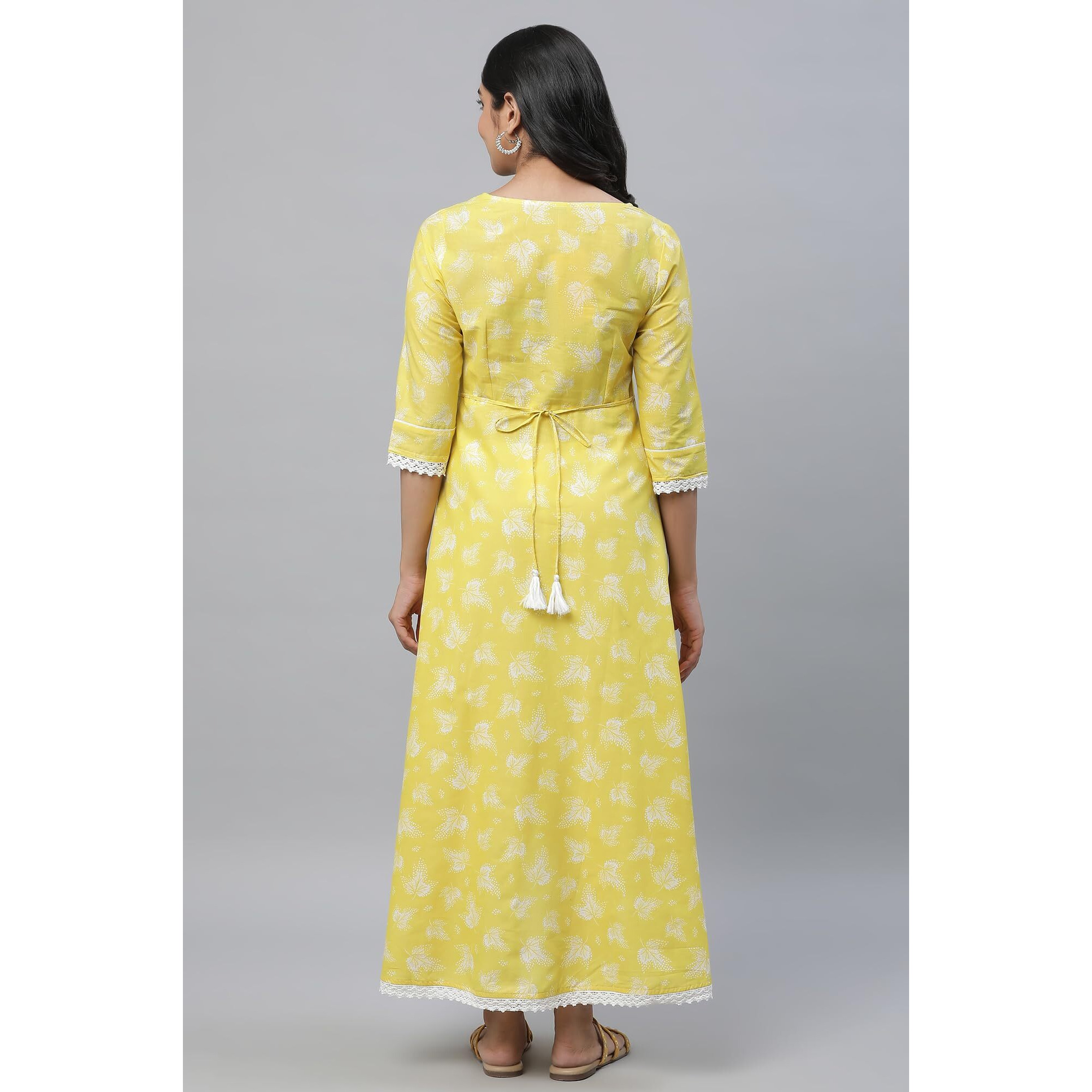 Aurelia Womens Floral Printed Flared Pure Cotton Kurta | Lightweight Round Neck Kurta for Women Cotton | Printed Kurta for Women | Soft & Breathable Regular Fit Kurta for Women Yellow Cream