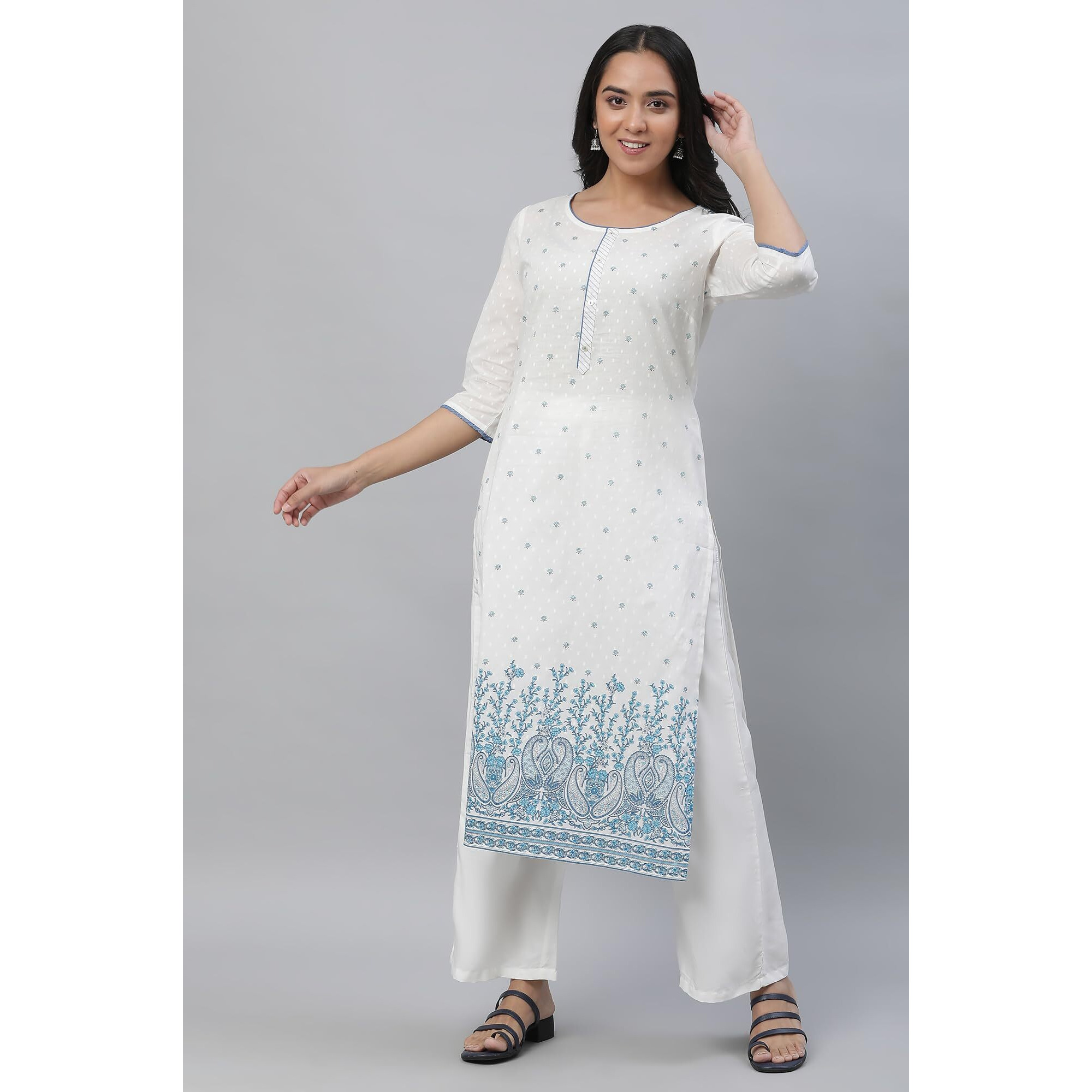 Aurelia Women's Paisley Printed Cotton Regular White Kurta