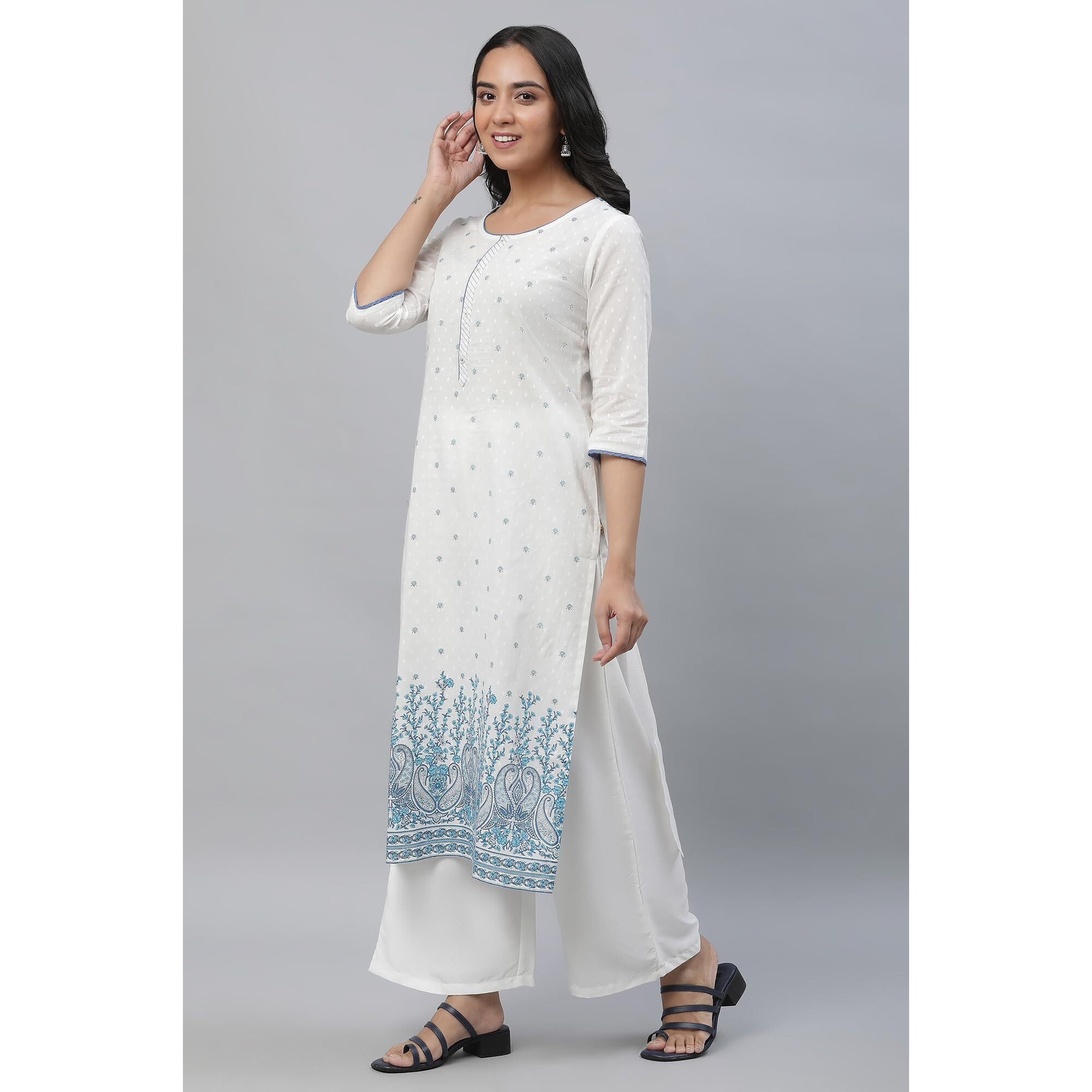 Aurelia Women's Paisley Printed Cotton Regular White Kurta