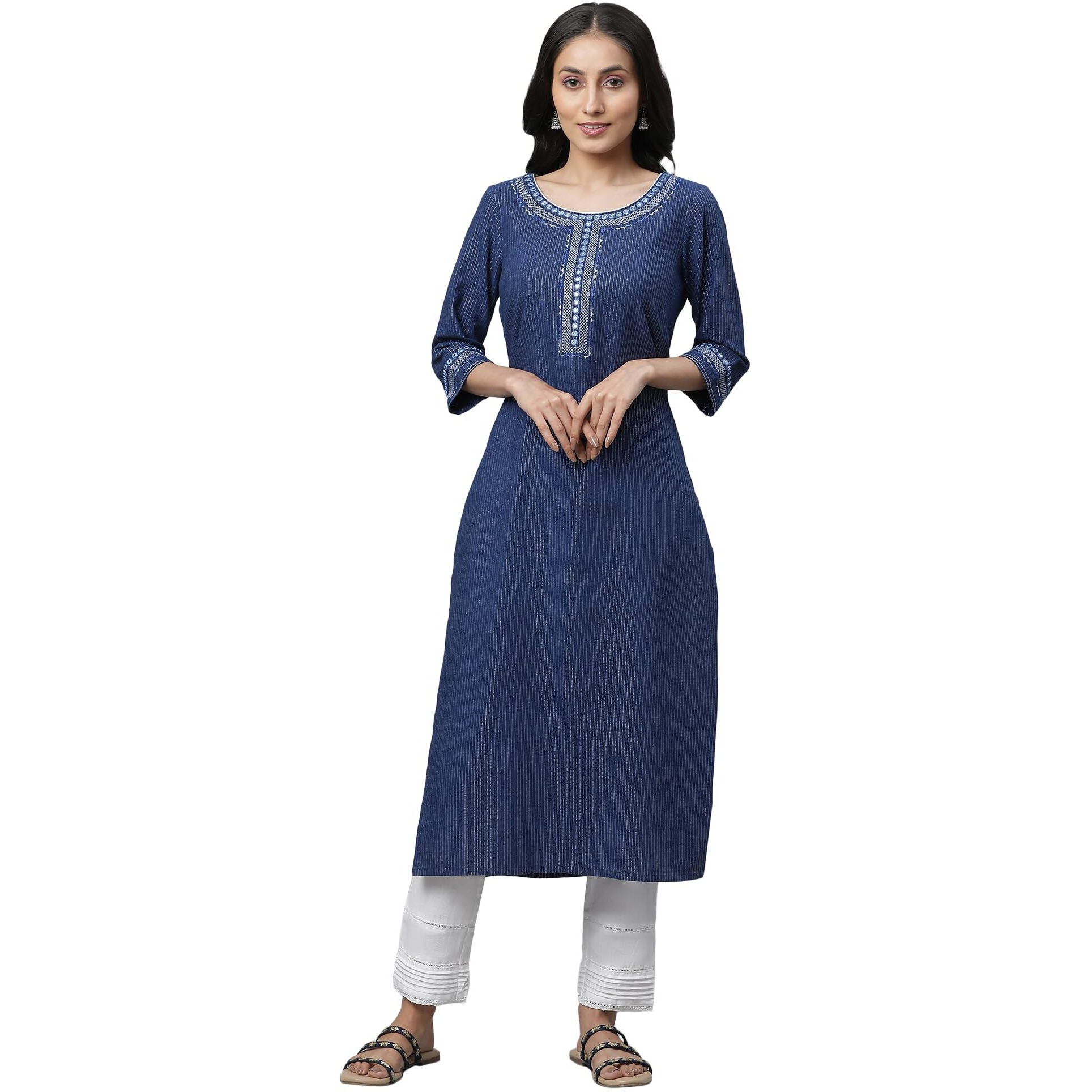 Aurelia Women's Blue Stripes Yarn Dyed Yarn Dyed Lurex Straight Kurta_23AUA14423-704549_L