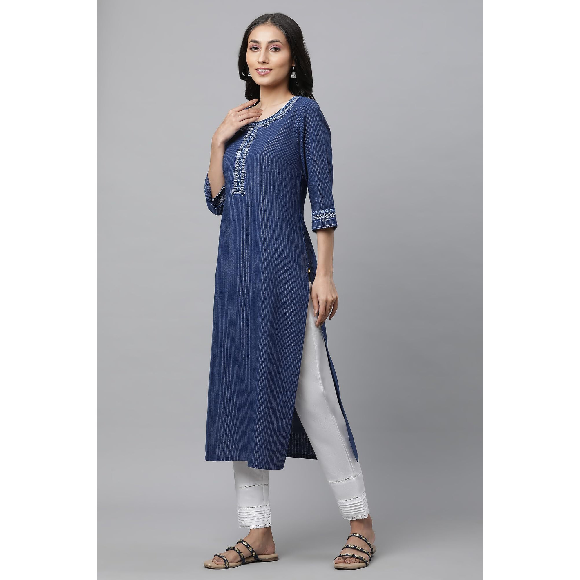 Aurelia Women's Blue Stripes Yarn Dyed Yarn Dyed Lurex Straight Kurta_23AUA14423-704549_L