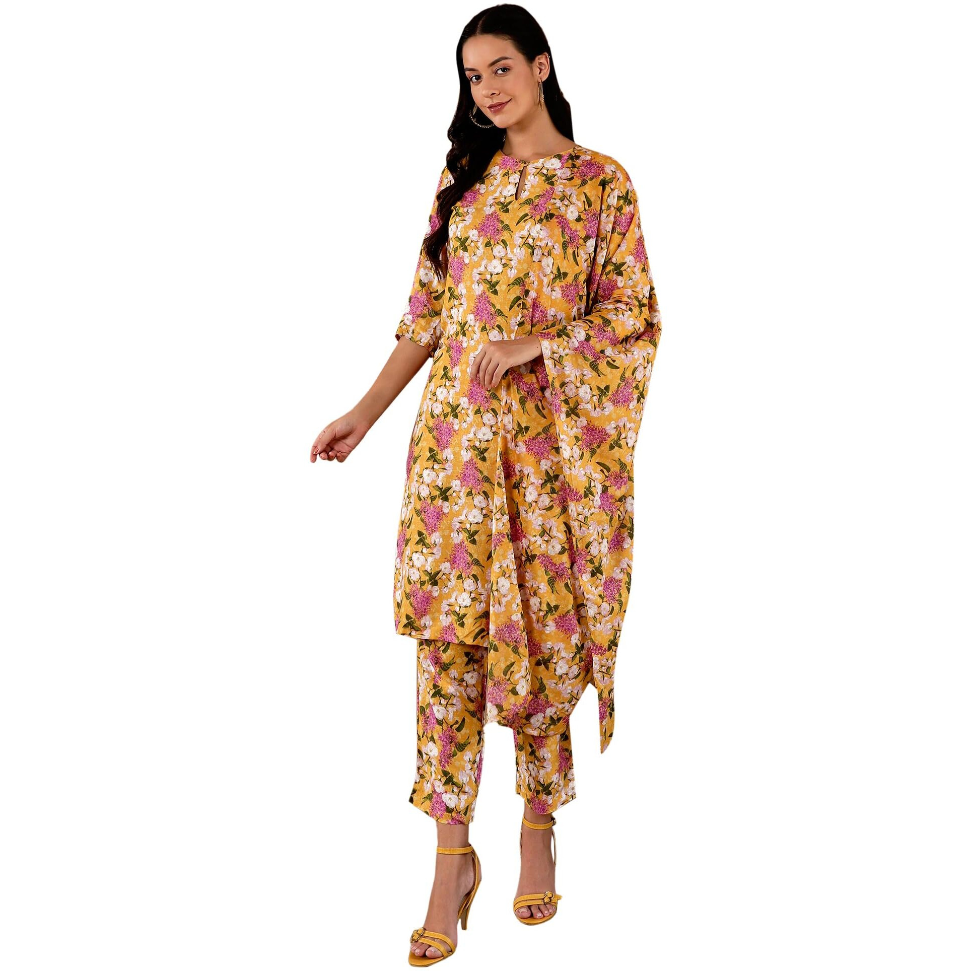 W Yellow Floral Printed Women's Kurta Dupatta Bottomwear Set