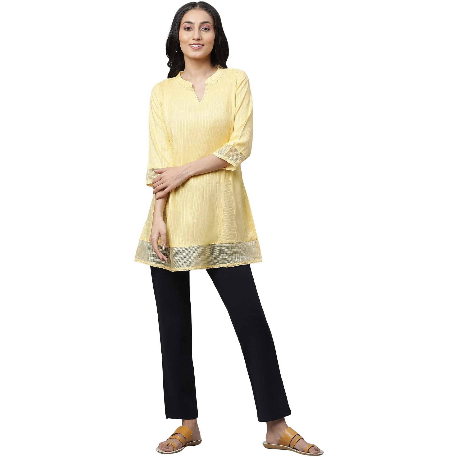 Aurelia Womens Solid A-Line Kurti | V-Neck Kurti for Women | Solid Kurti for Women | Beautiful Regular Fit Kurti for Women Yellow