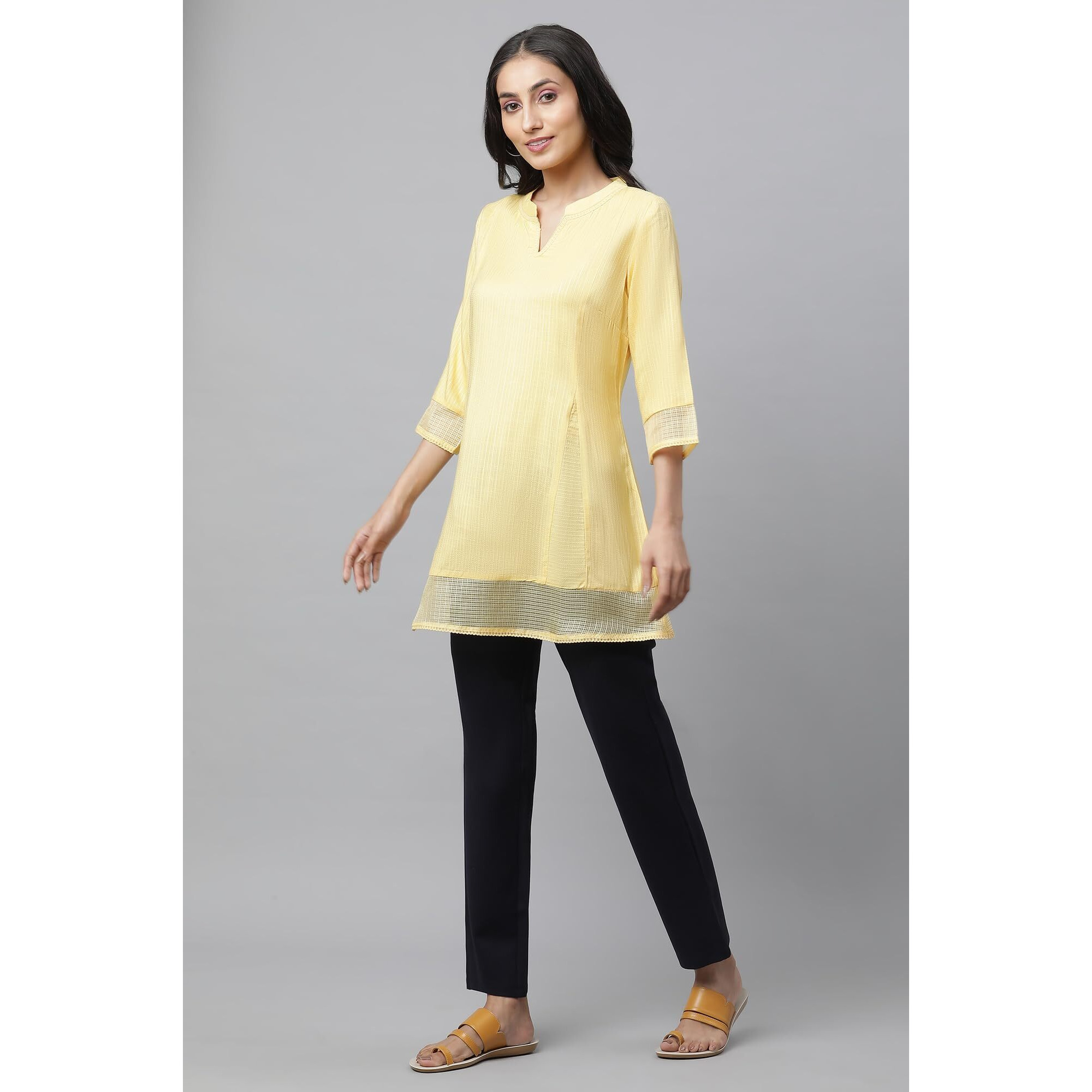 Aurelia Womens Solid A-Line Kurti | V-Neck Kurti for Women | Solid Kurti for Women | Beautiful Regular Fit Kurti for Women Yellow