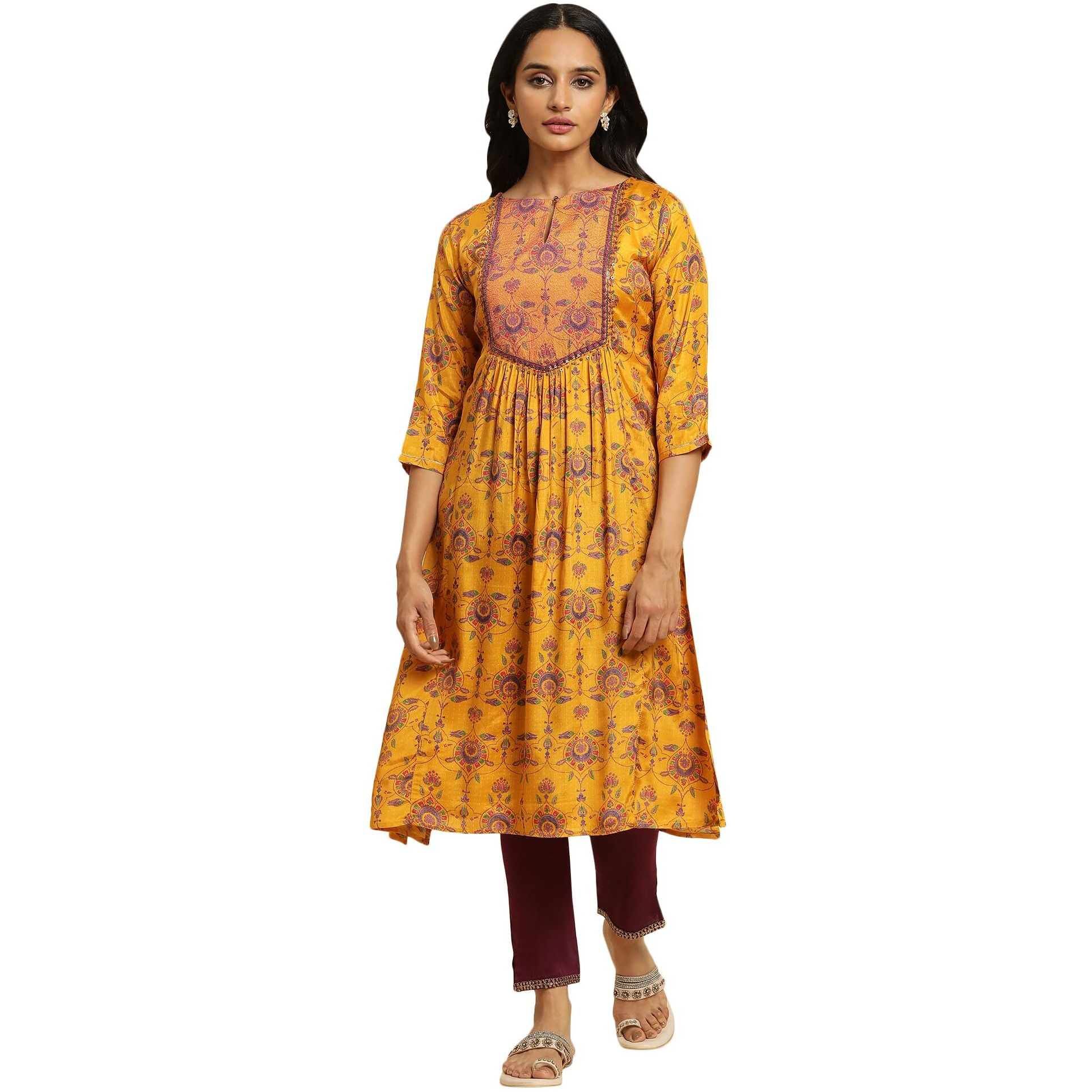 W for Woman Yellow Shantung Kurta with Chunky Embellishment_23AUW19862-122287_S_8