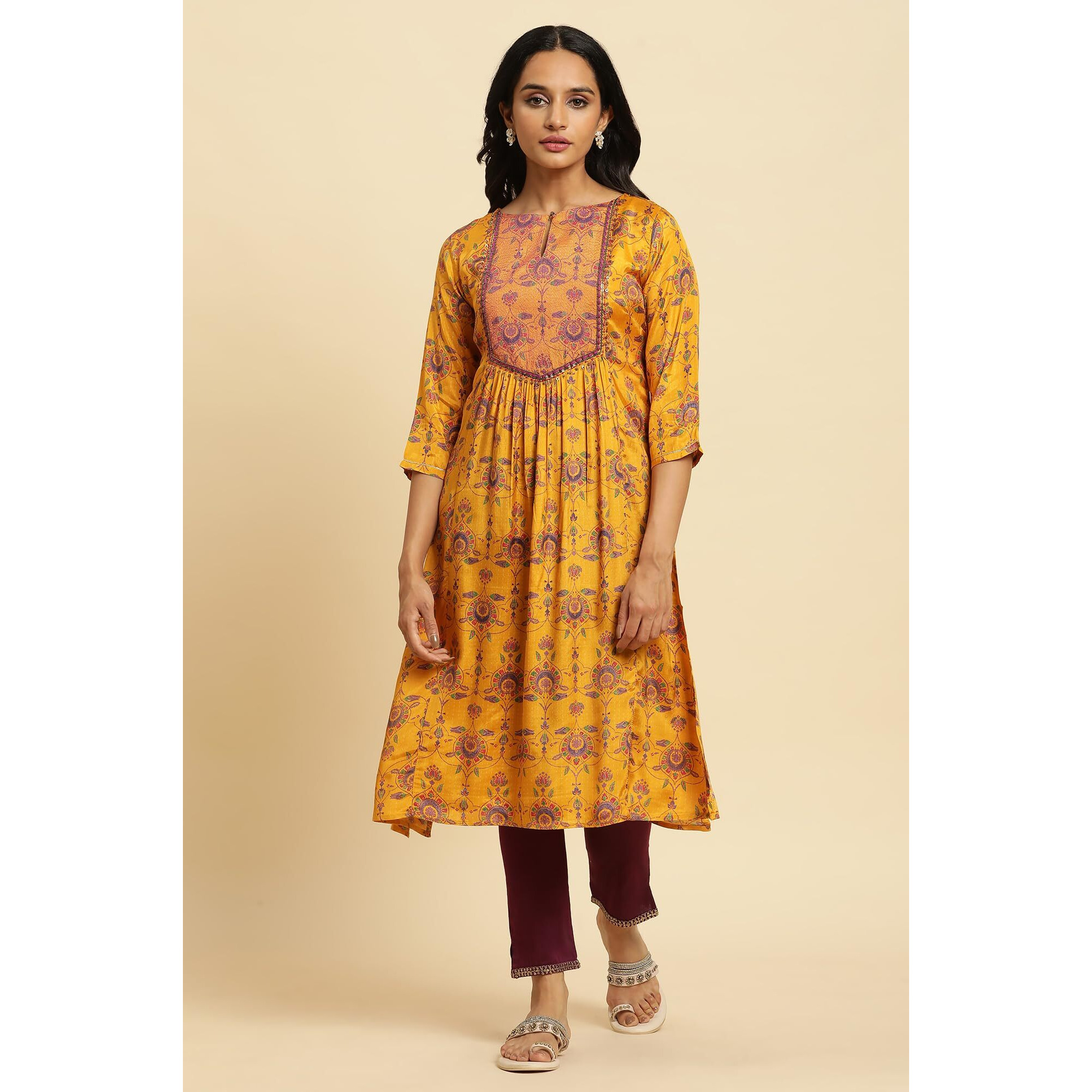 W for Woman Yellow Shantung Kurta with Chunky Embellishment_23AUW19862-122287_S_8