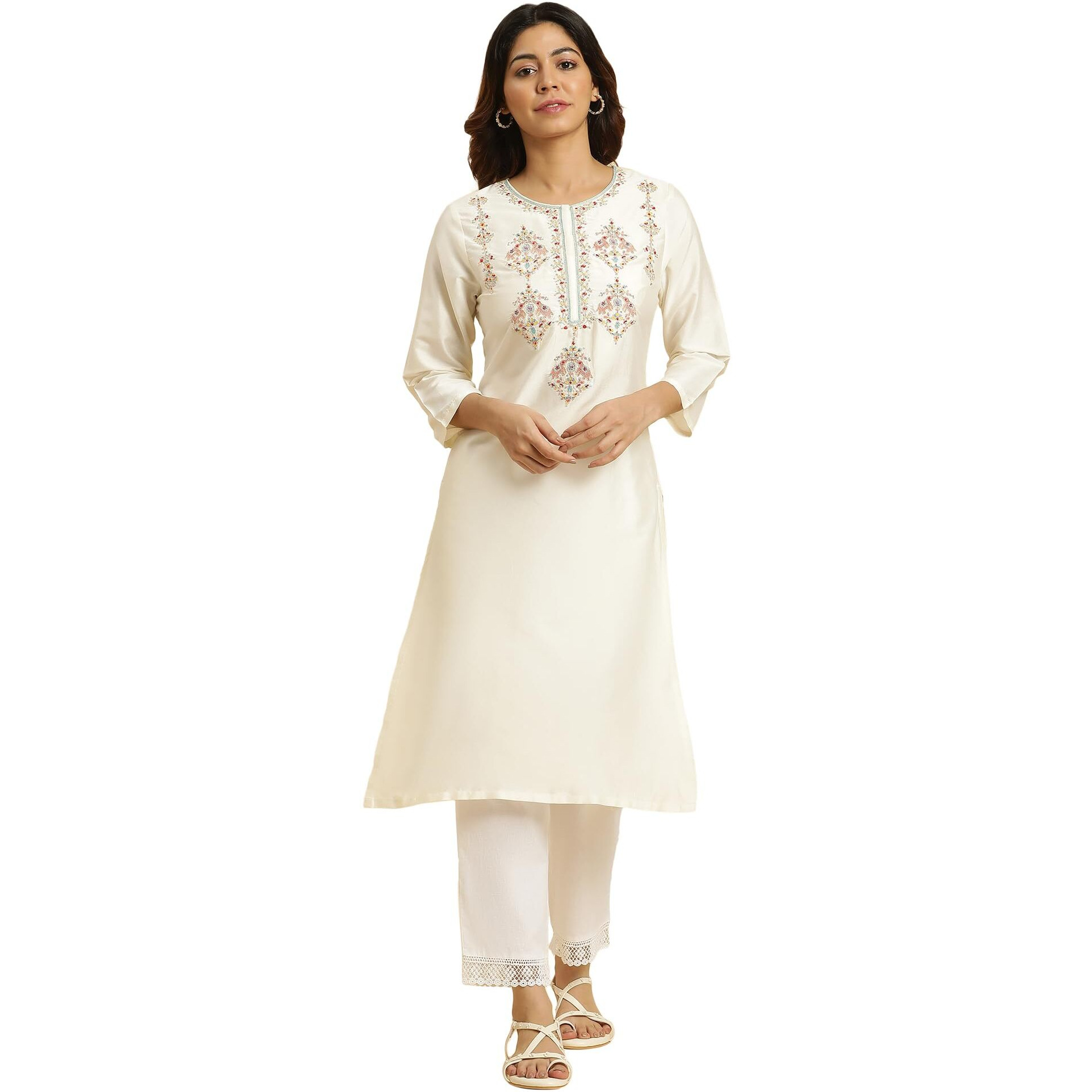 W for Woman Women's Viscose Rayon Solid Regular Kurta (23AUW19798-220759_Ecru_12)