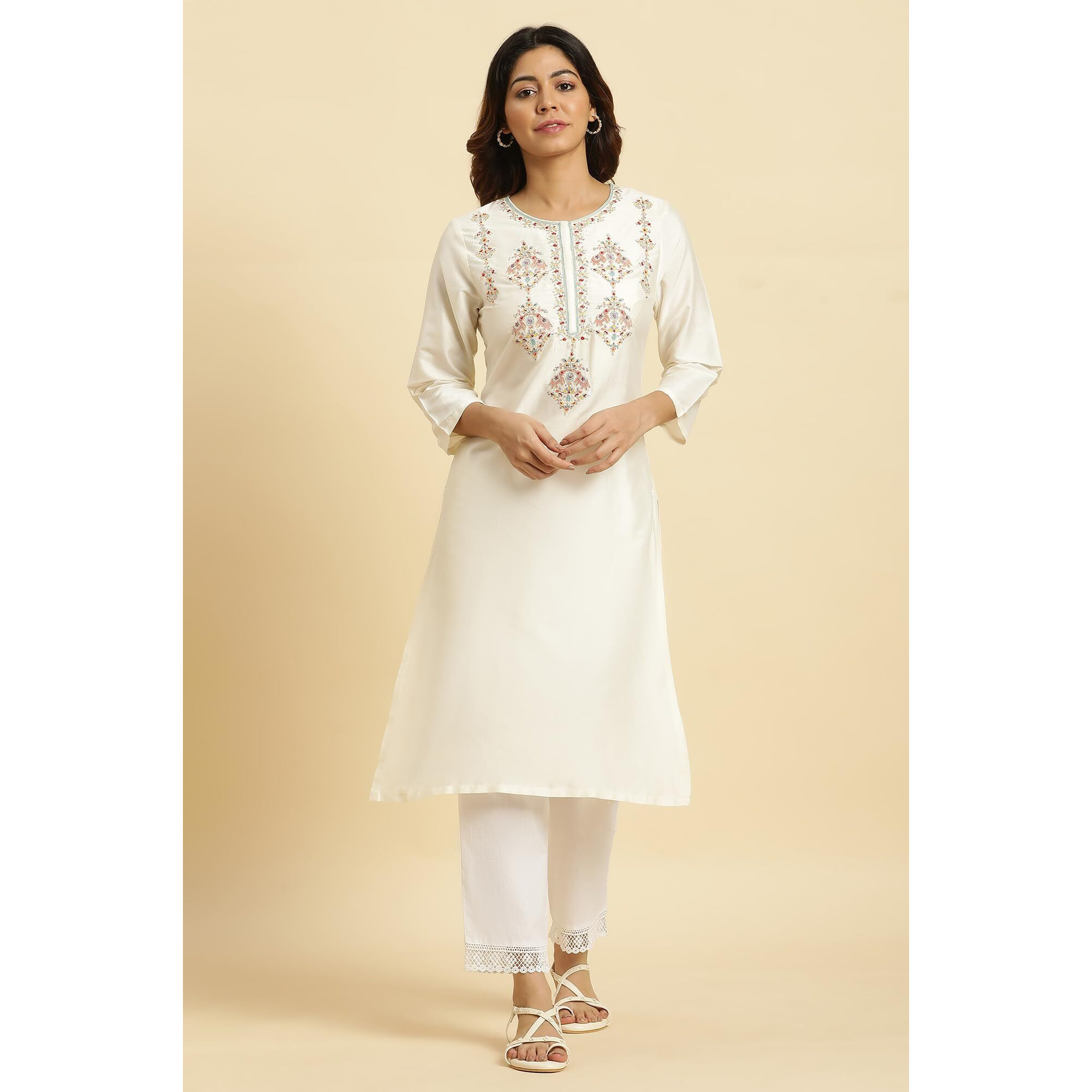 W for Woman Women's Viscose Rayon Solid Regular Kurta (23AUW19798-220759_Ecru_12)