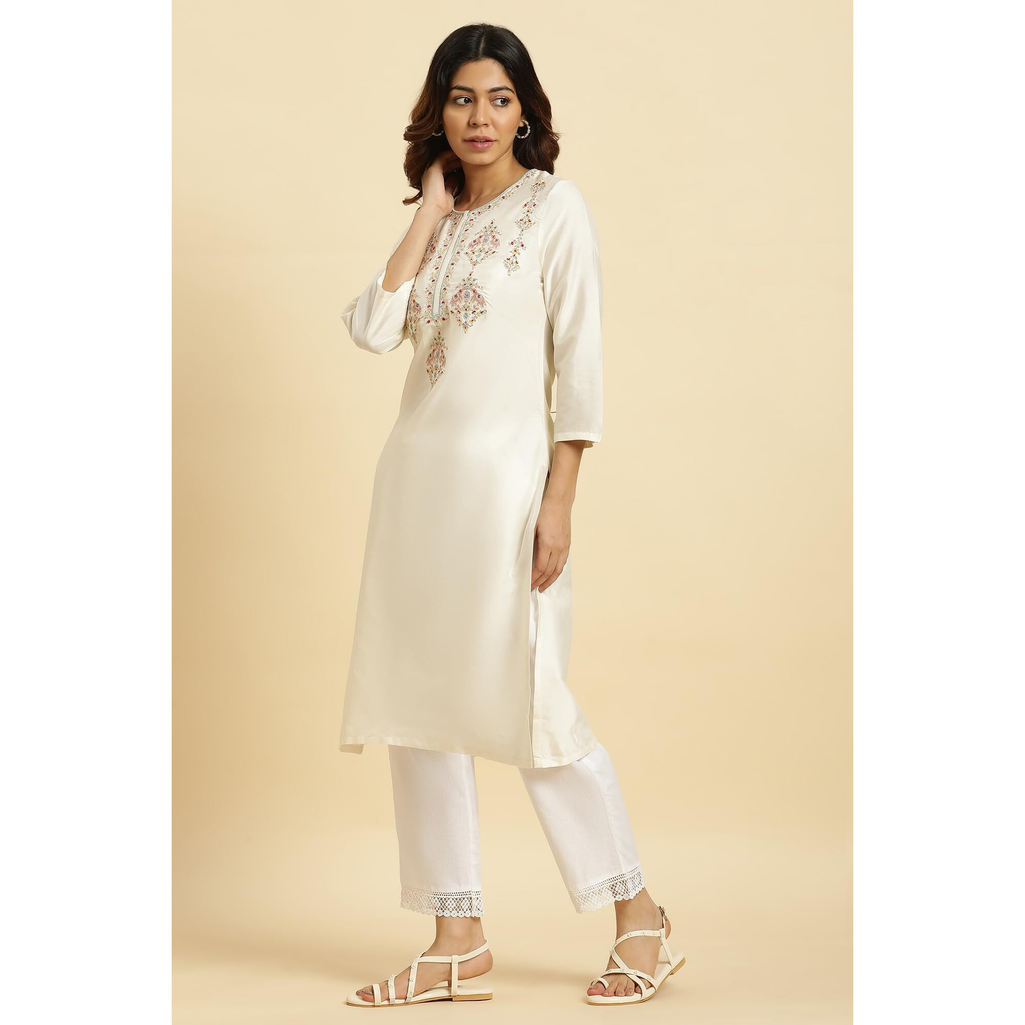 W for Woman Women's Viscose Rayon Solid Regular Kurta (23AUW19798-220759_Ecru_12)