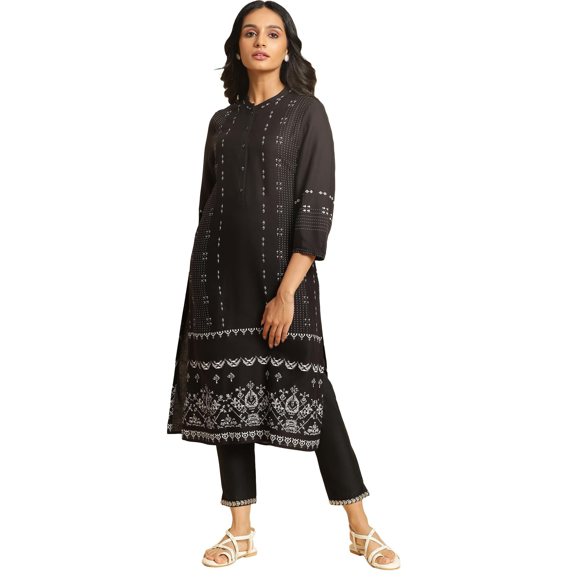 W For Woman Black Geometric Printed Straight Long Kurta