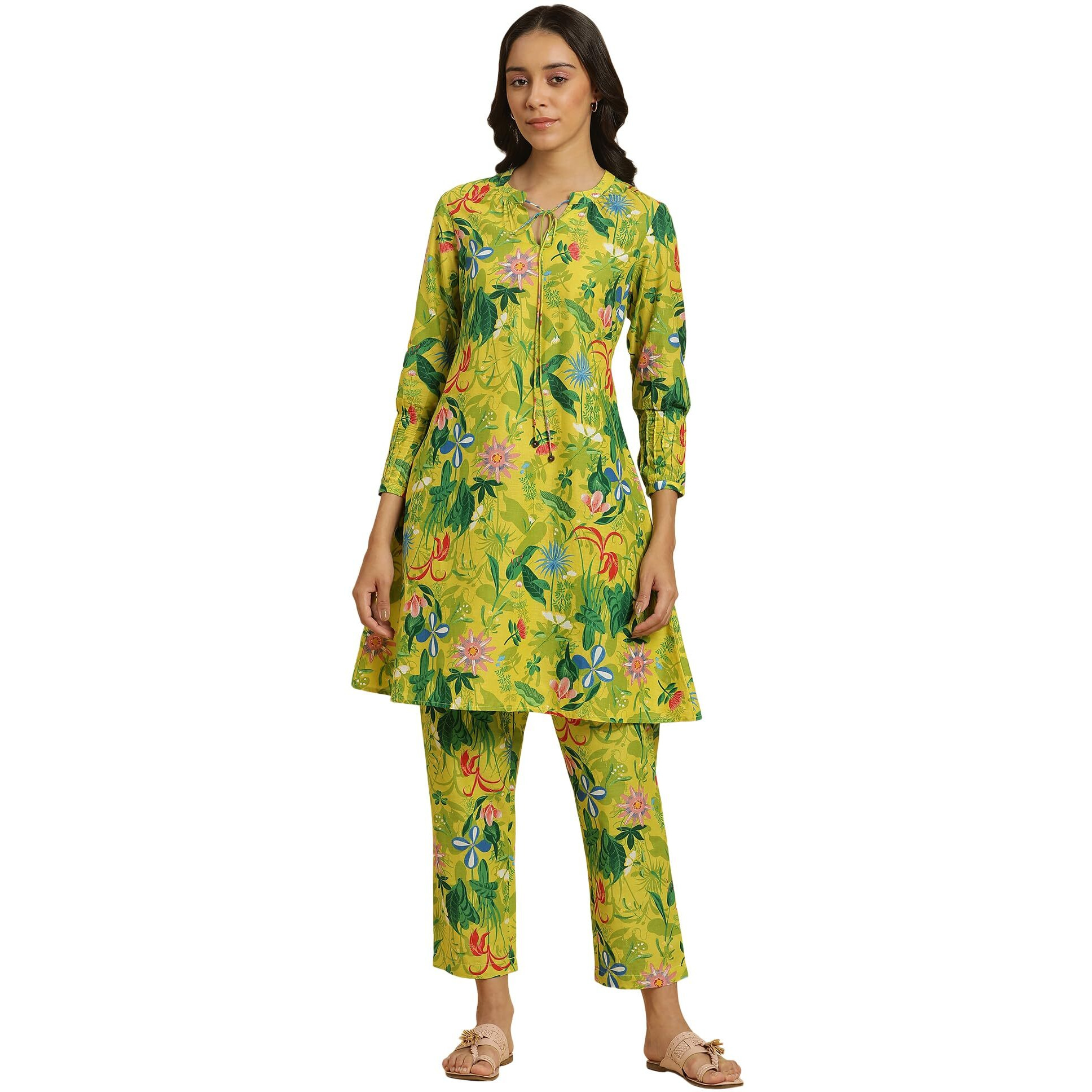W Green Floral Printed Cotton Kurta and Pant Set for Women