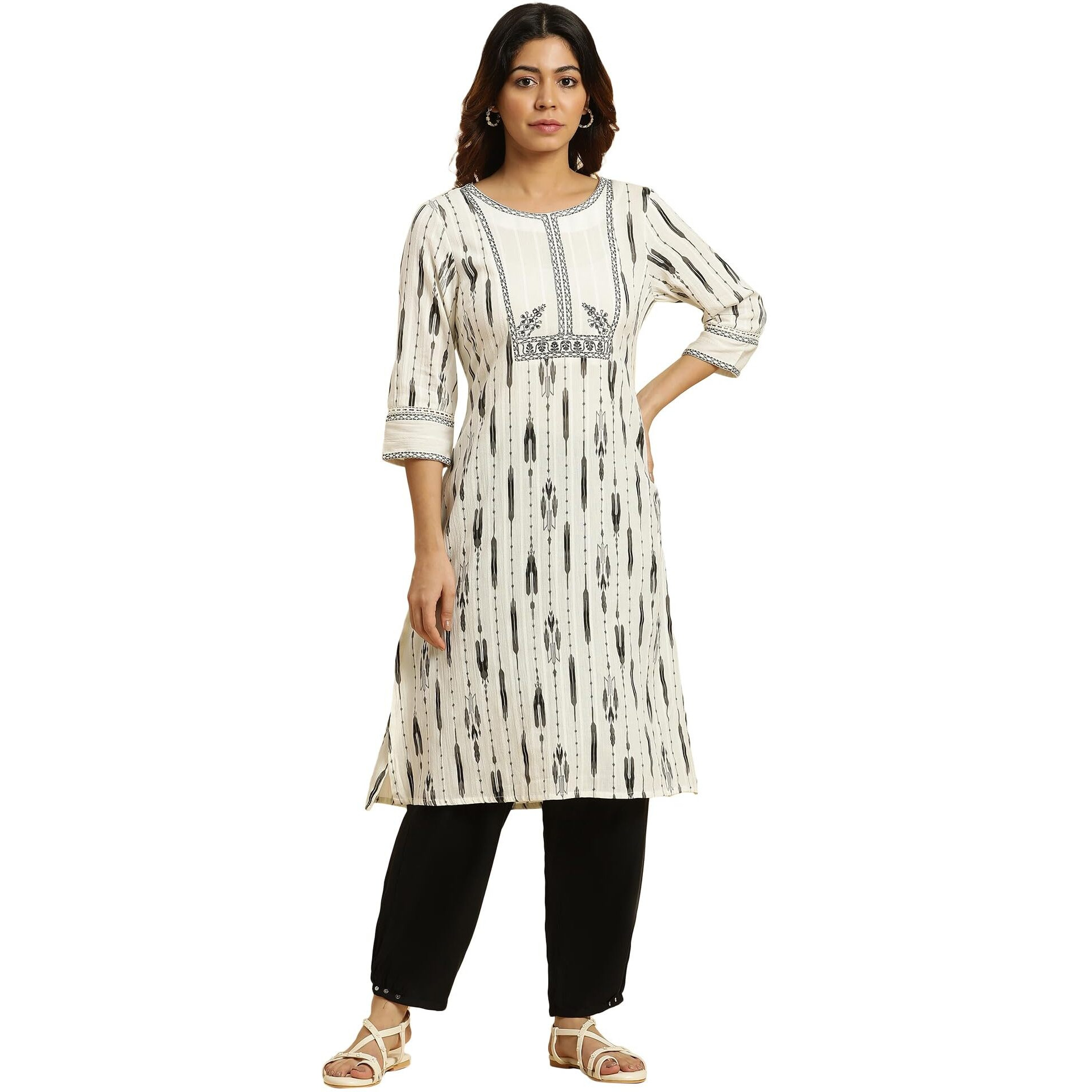 W For Woman Off-W For Womanhite Cotton Geometric Printed Regular Kurta with Dori Embroidery
