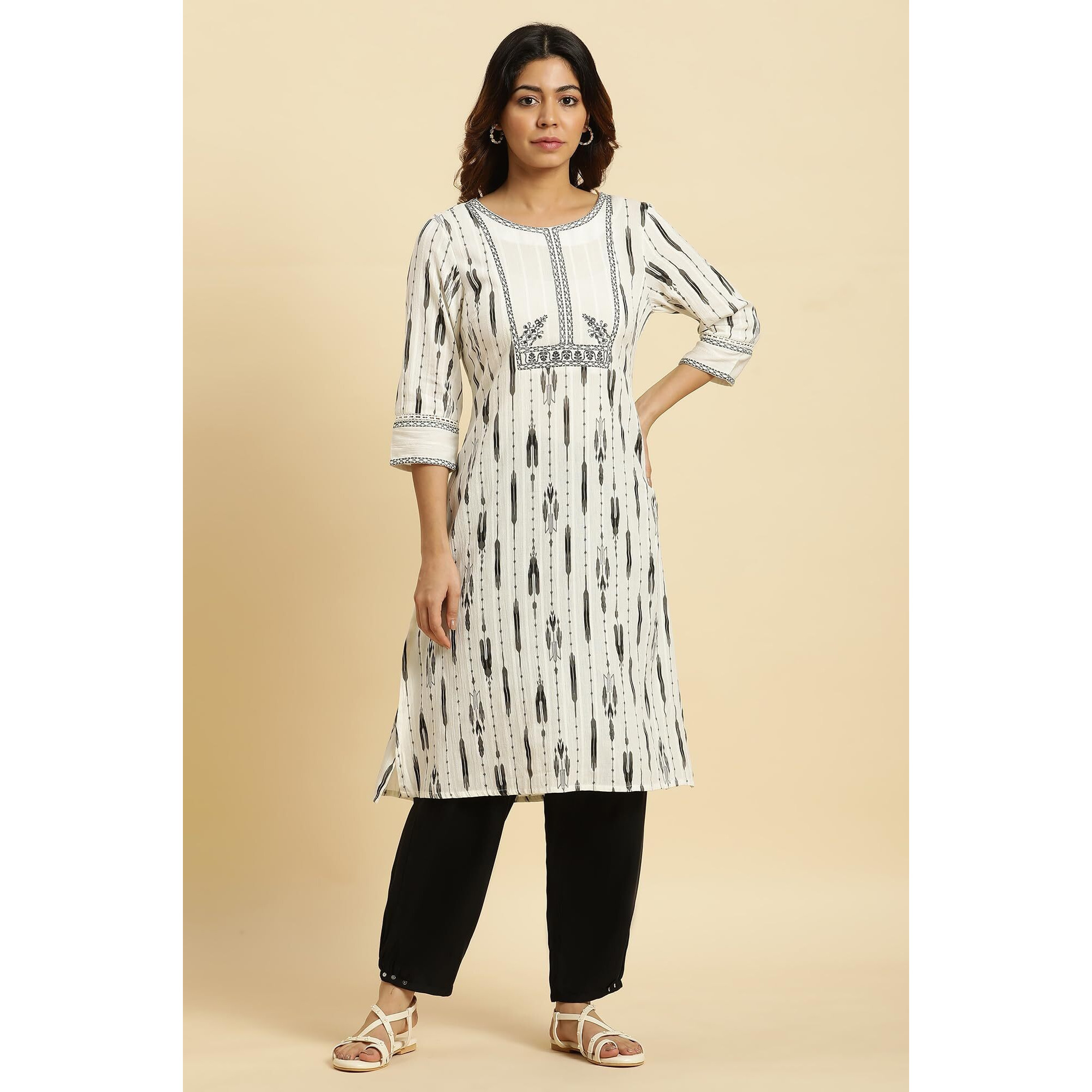 W For Woman Off-W For Womanhite Cotton Geometric Printed Regular Kurta with Dori Embroidery