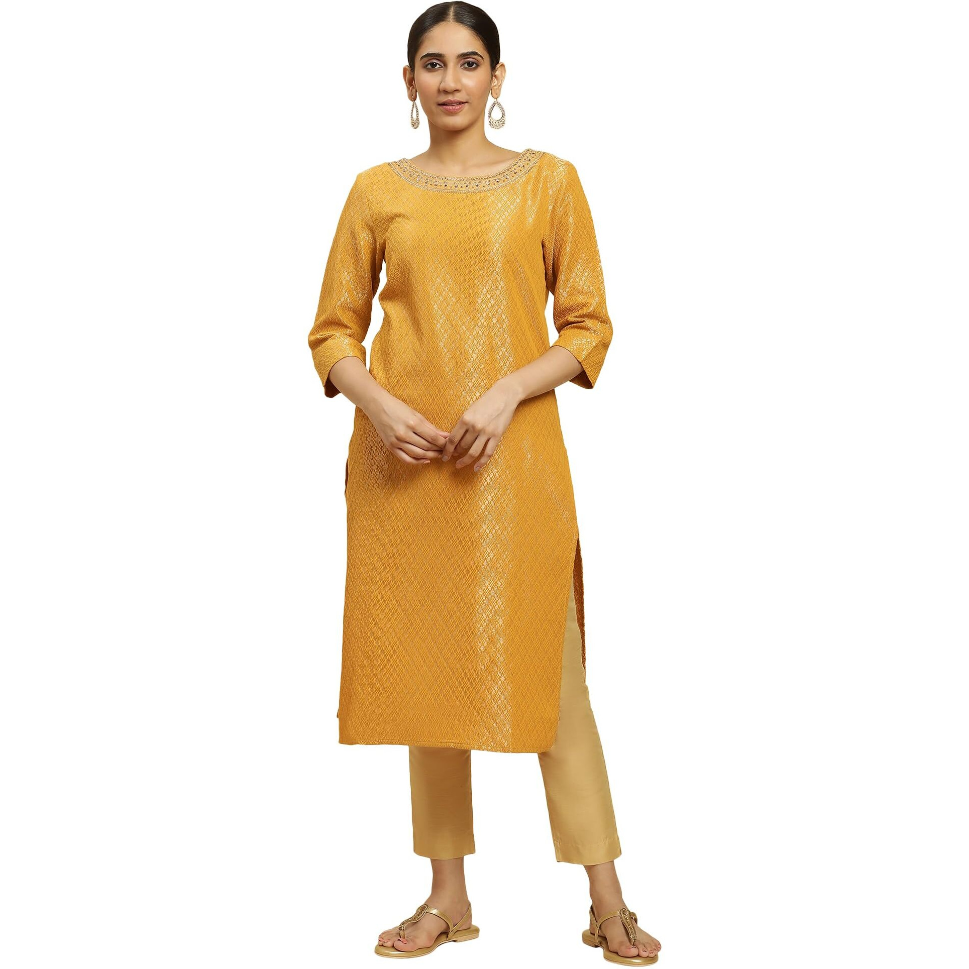 W for Woman Women's Cotton Blend Solid Regular Kurta (23AUW12748-313367_Yellow