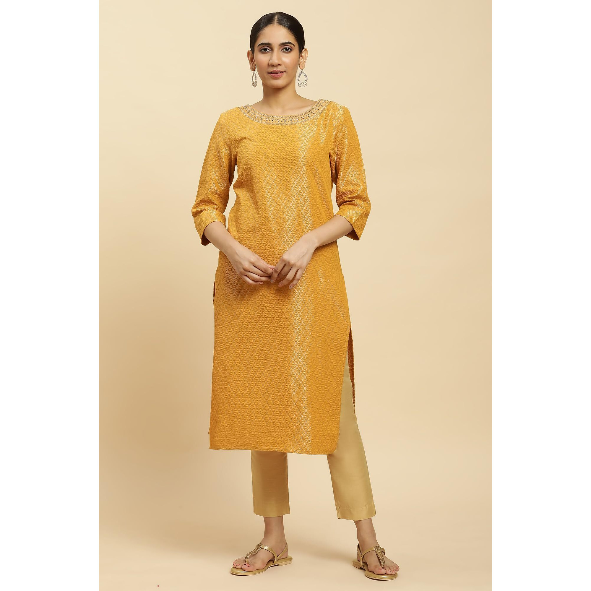 W for Woman Women's Cotton Blend Solid Regular Kurta (23AUW12748-313367_Yellow