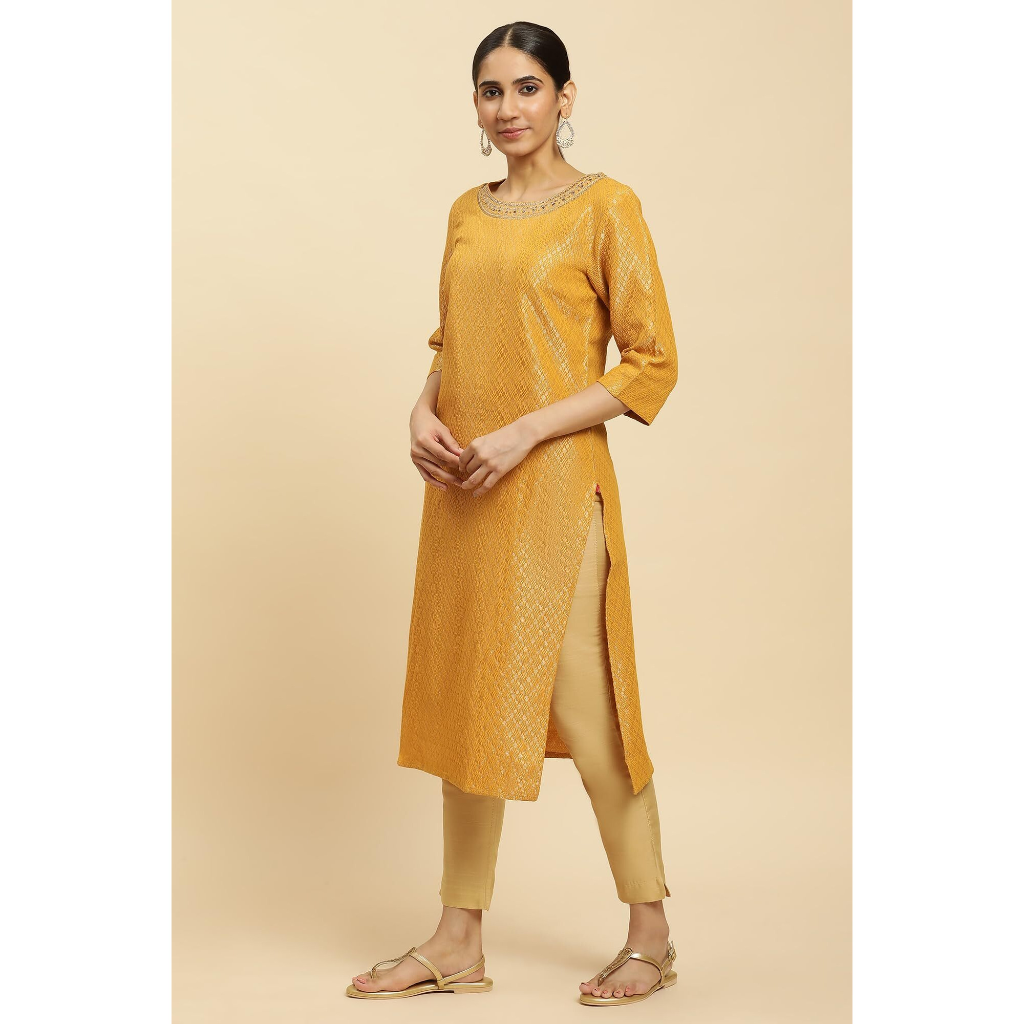 W for Woman Women's Cotton Blend Solid Regular Kurta (23AUW12748-313367_Yellow