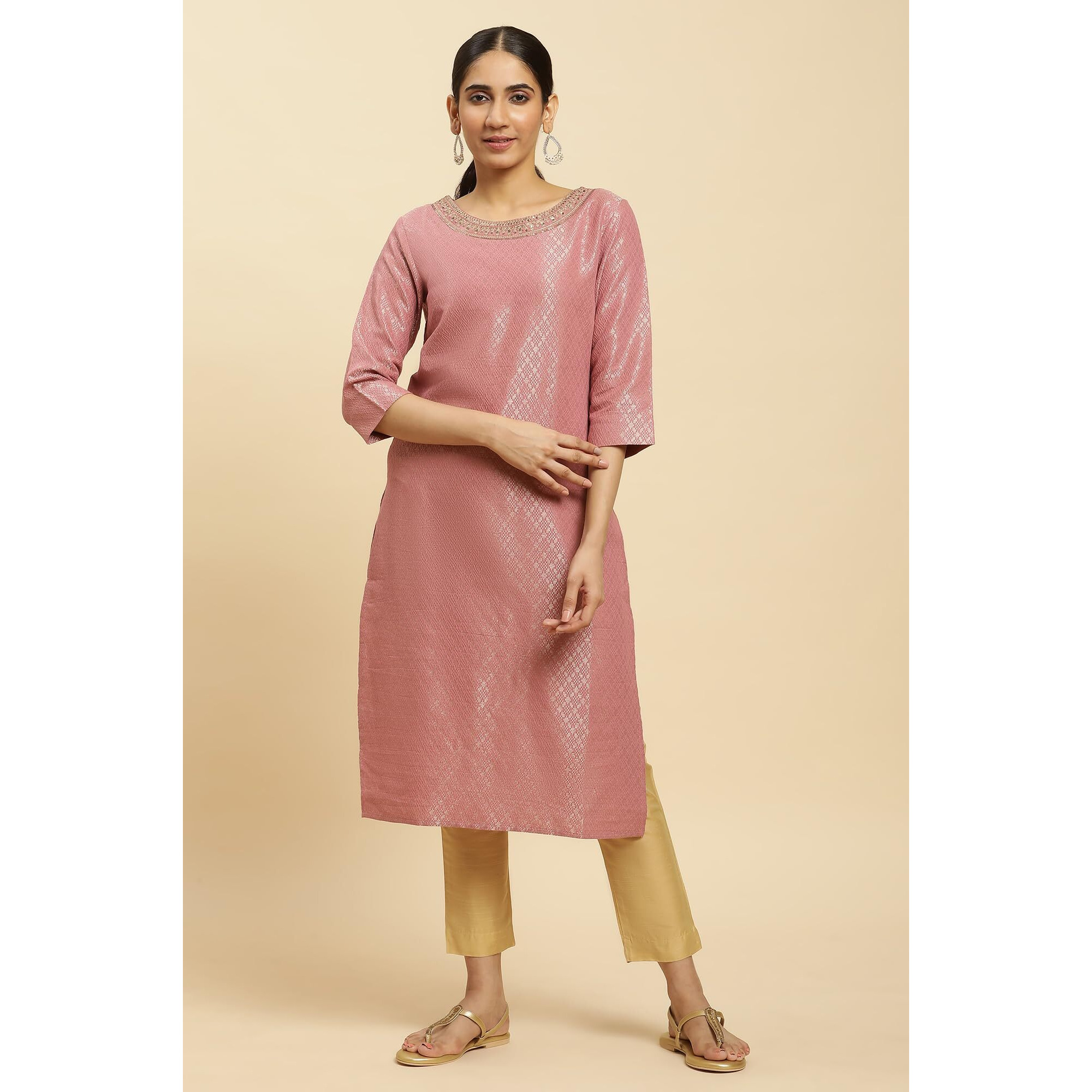 W for Woman Women's Cotton Blend Solid Regular Kurta (23AUW12748-313368_Purple