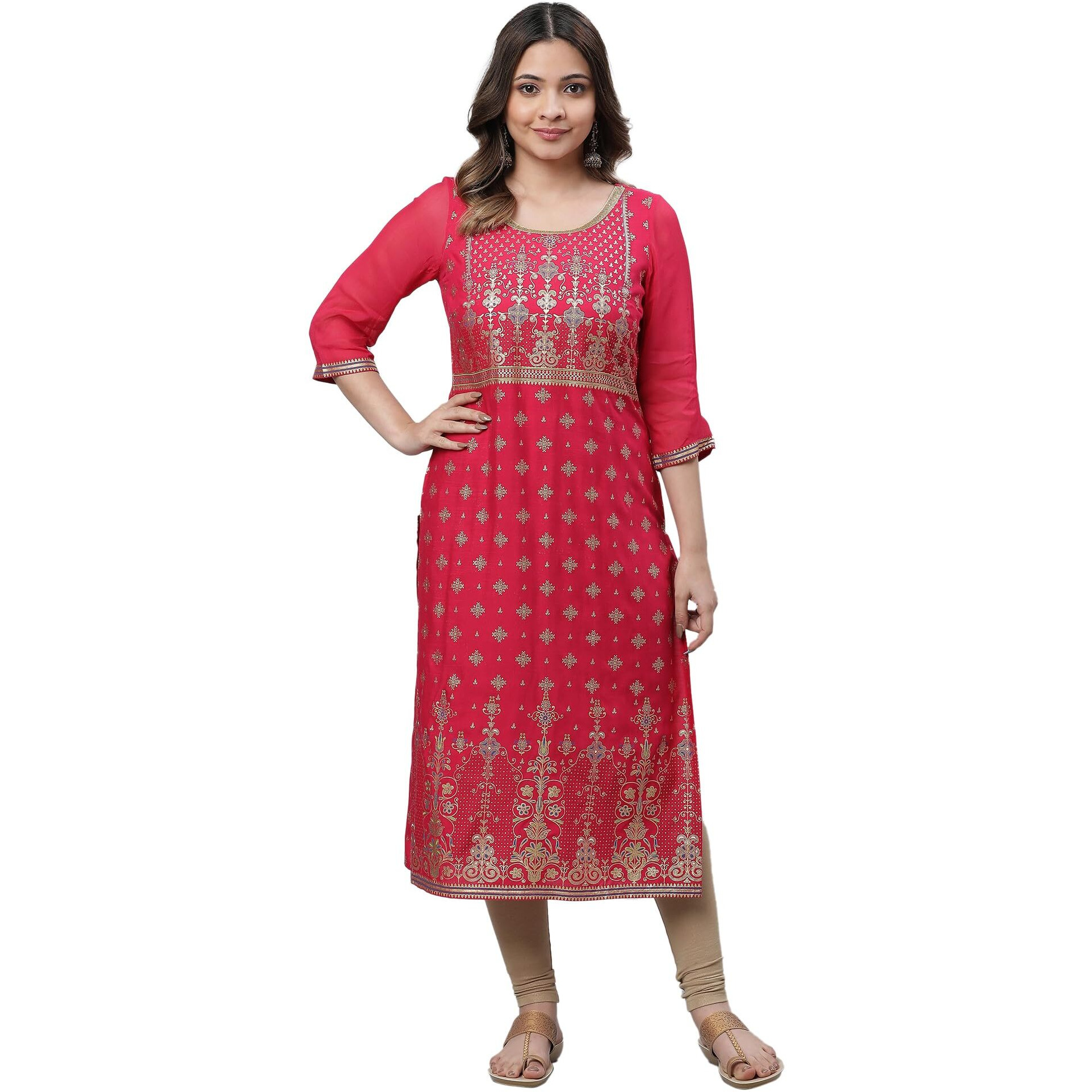 Aurelia Pink Foil Pattern Lace Straight Long Kurta