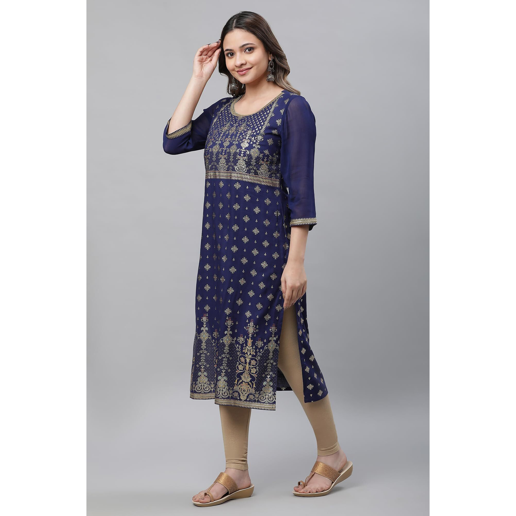 Aurelia Women's Blue Foil Lace Straight Long Kurta