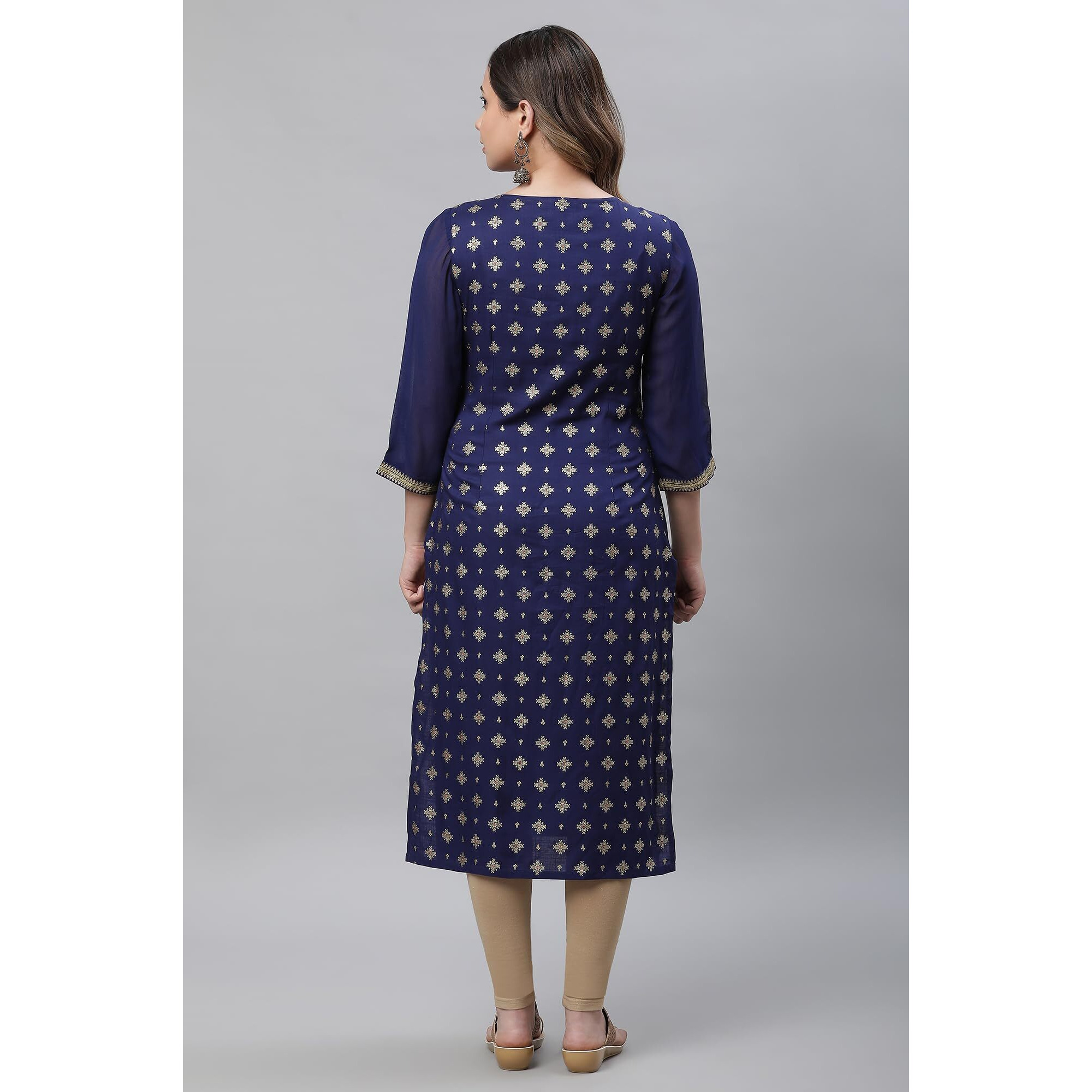 Aurelia Women's Blue Foil Lace Straight Long Kurta