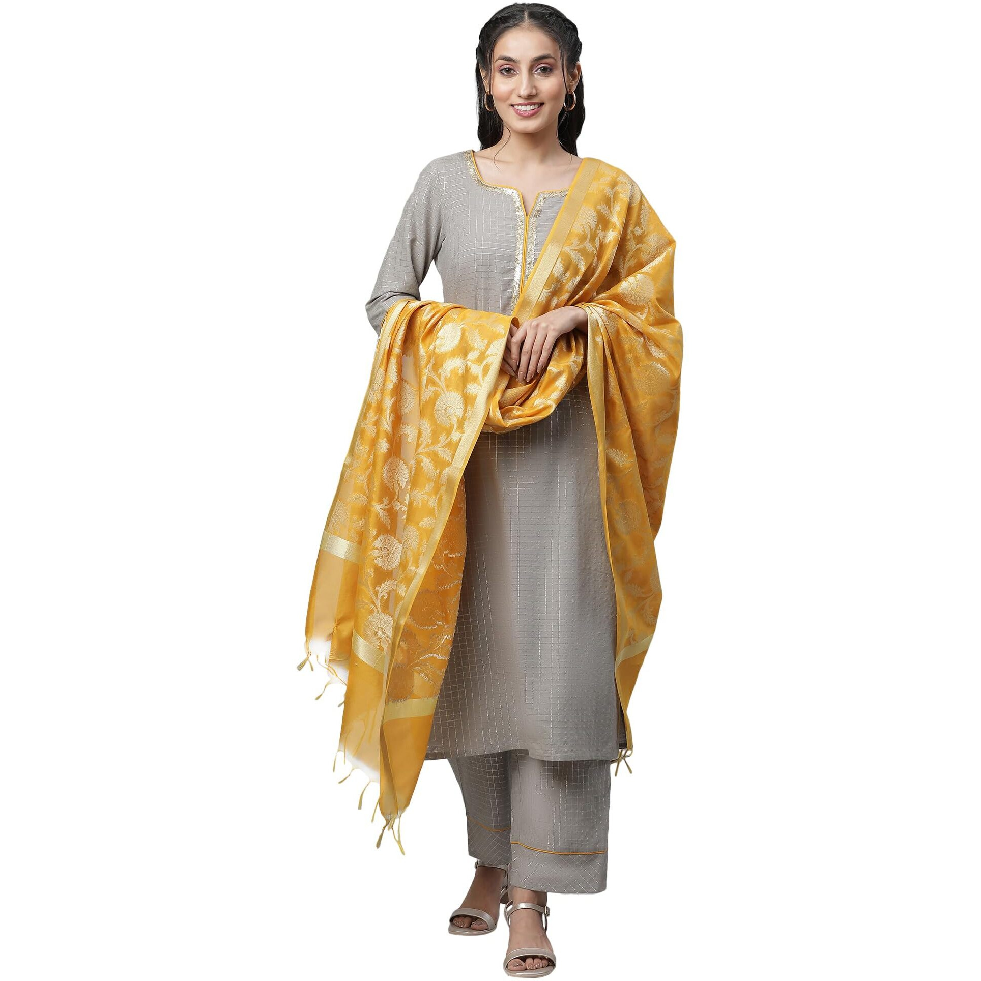 Aurelia Grey Checked Yarn Dyed Cotton Kurta Dupatta Bottomwear