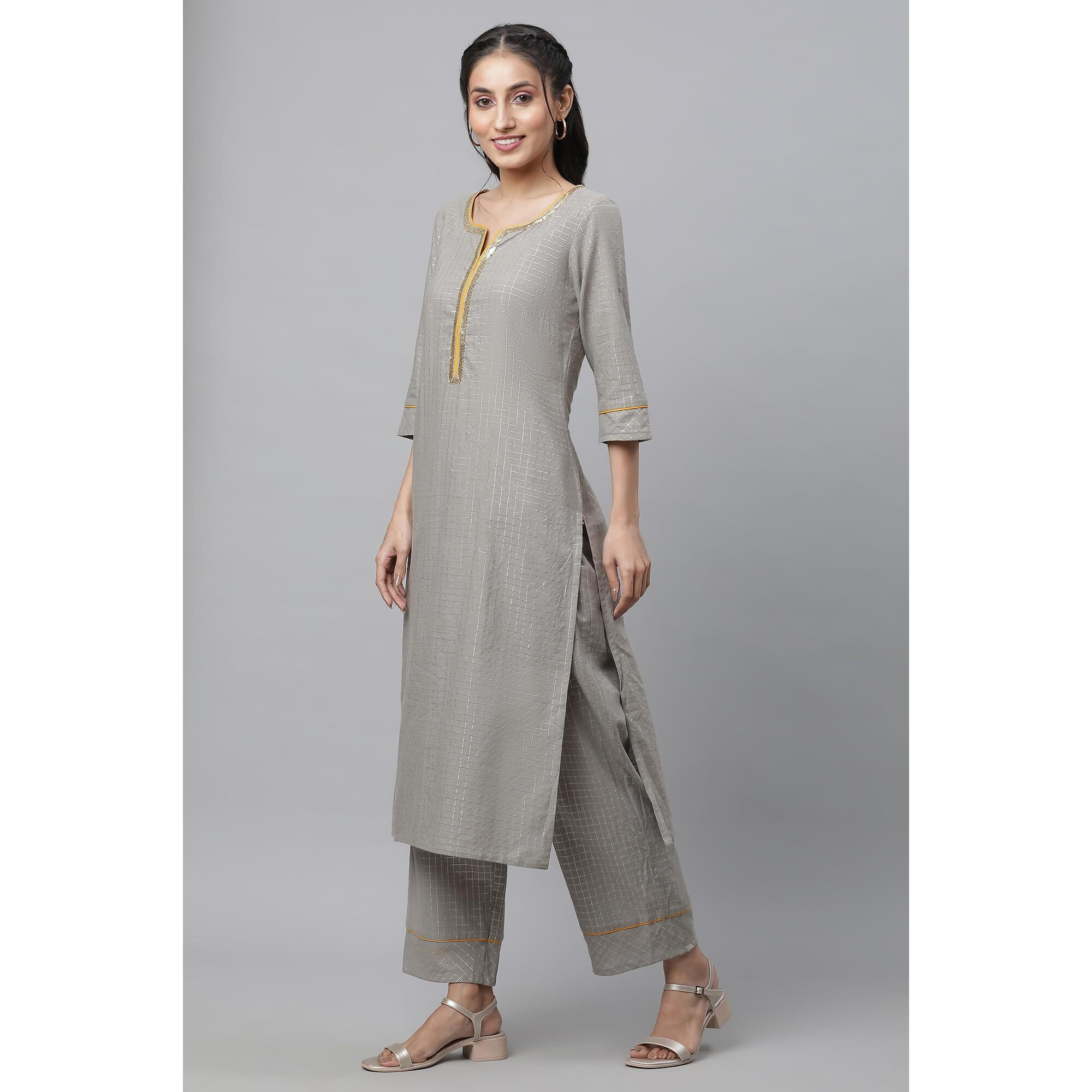 Aurelia Grey Checked Yarn Dyed Cotton Kurta Dupatta Bottomwear