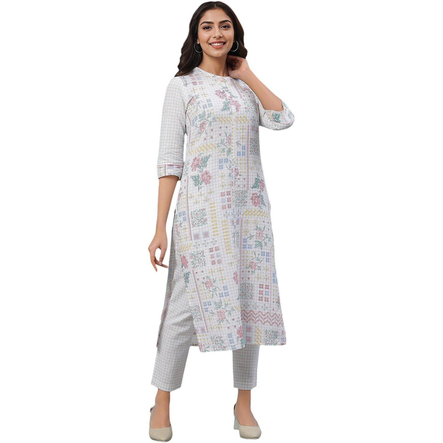 Aurelia Floral Printed White Cotton Blend Women's Kurta and Trousers Set