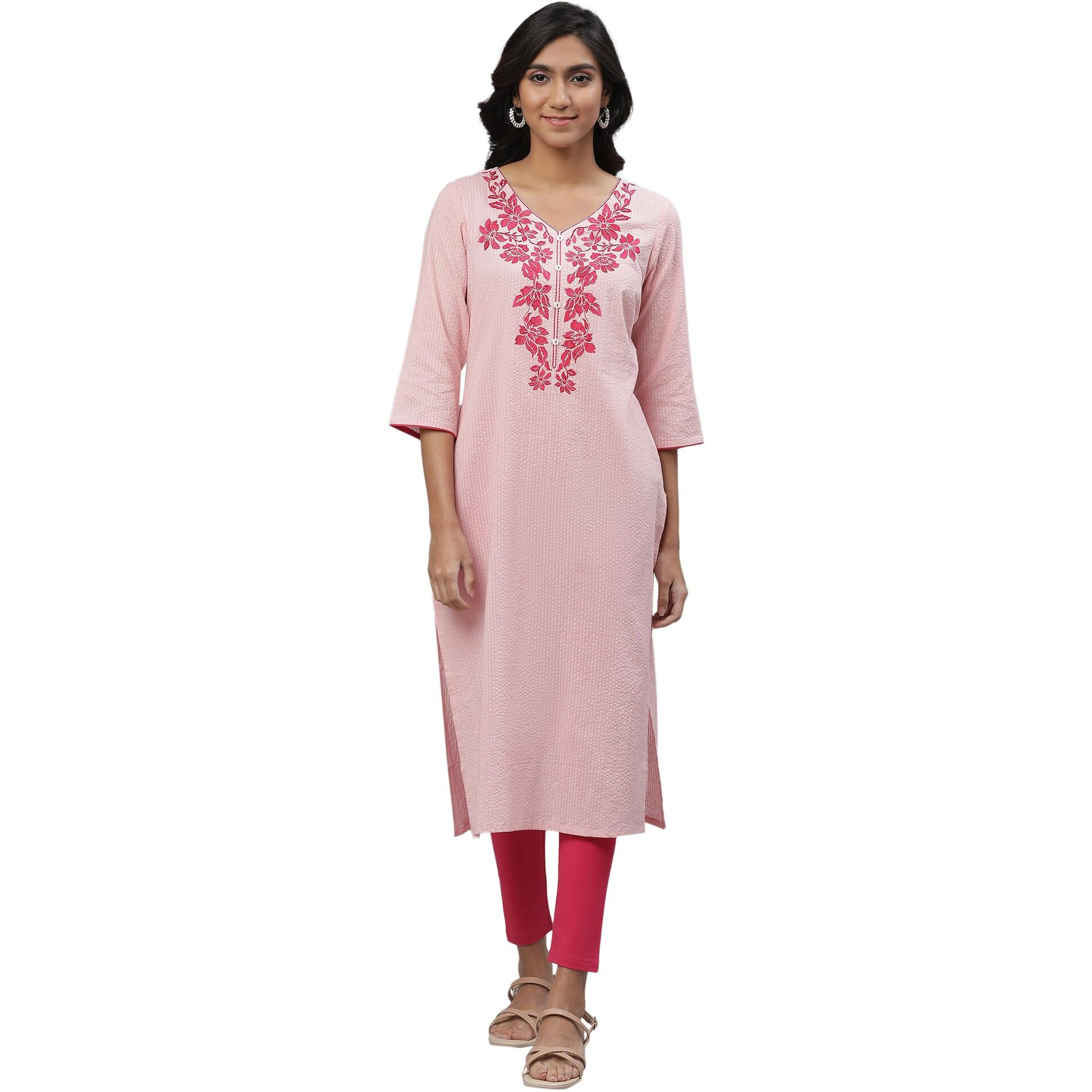Aurelia Pink Floral Printed Printed Cotton-Rayon Blend Straight Long Kurta for Women
