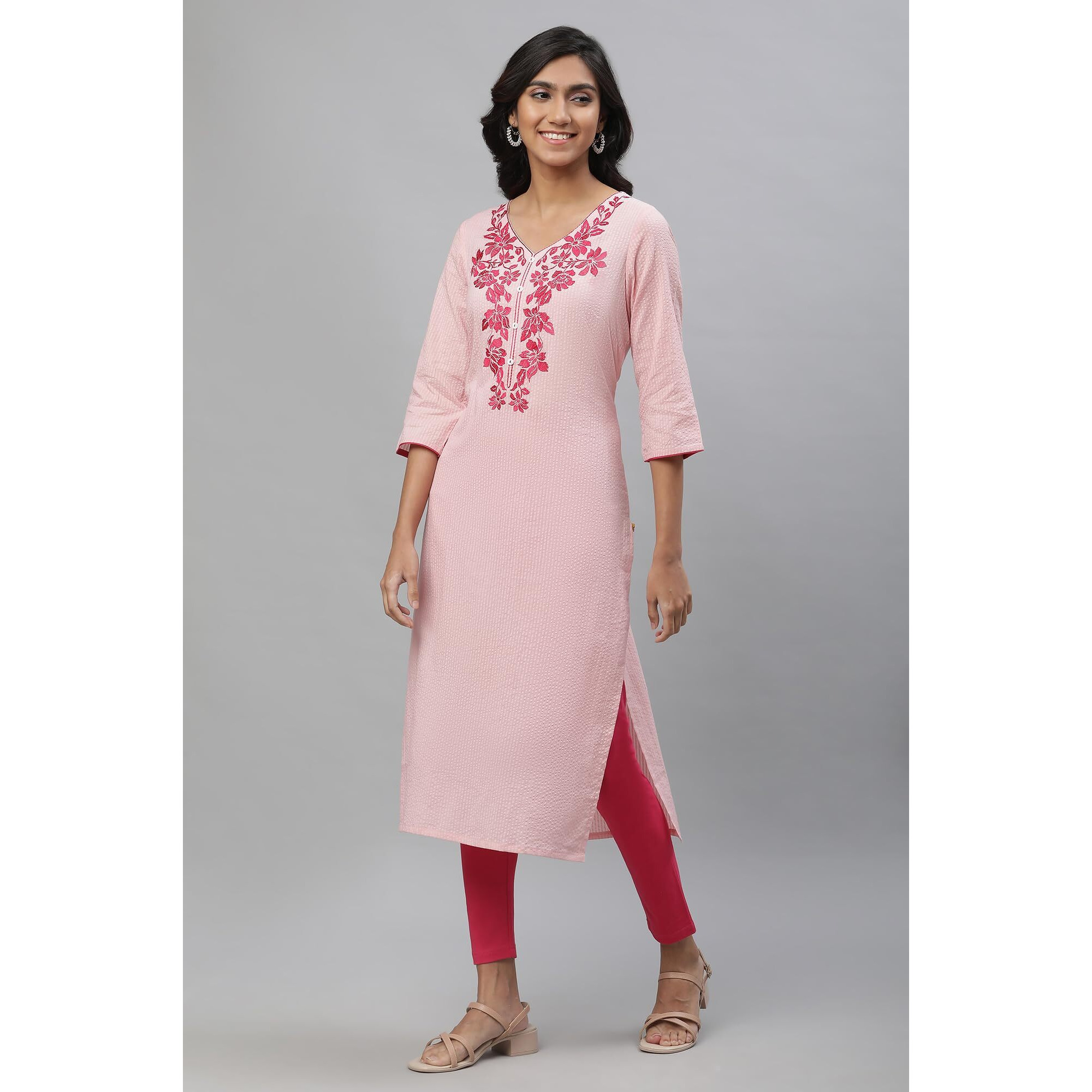 Aurelia Pink Floral Printed Printed Cotton-Rayon Blend Straight Long Kurta for Women