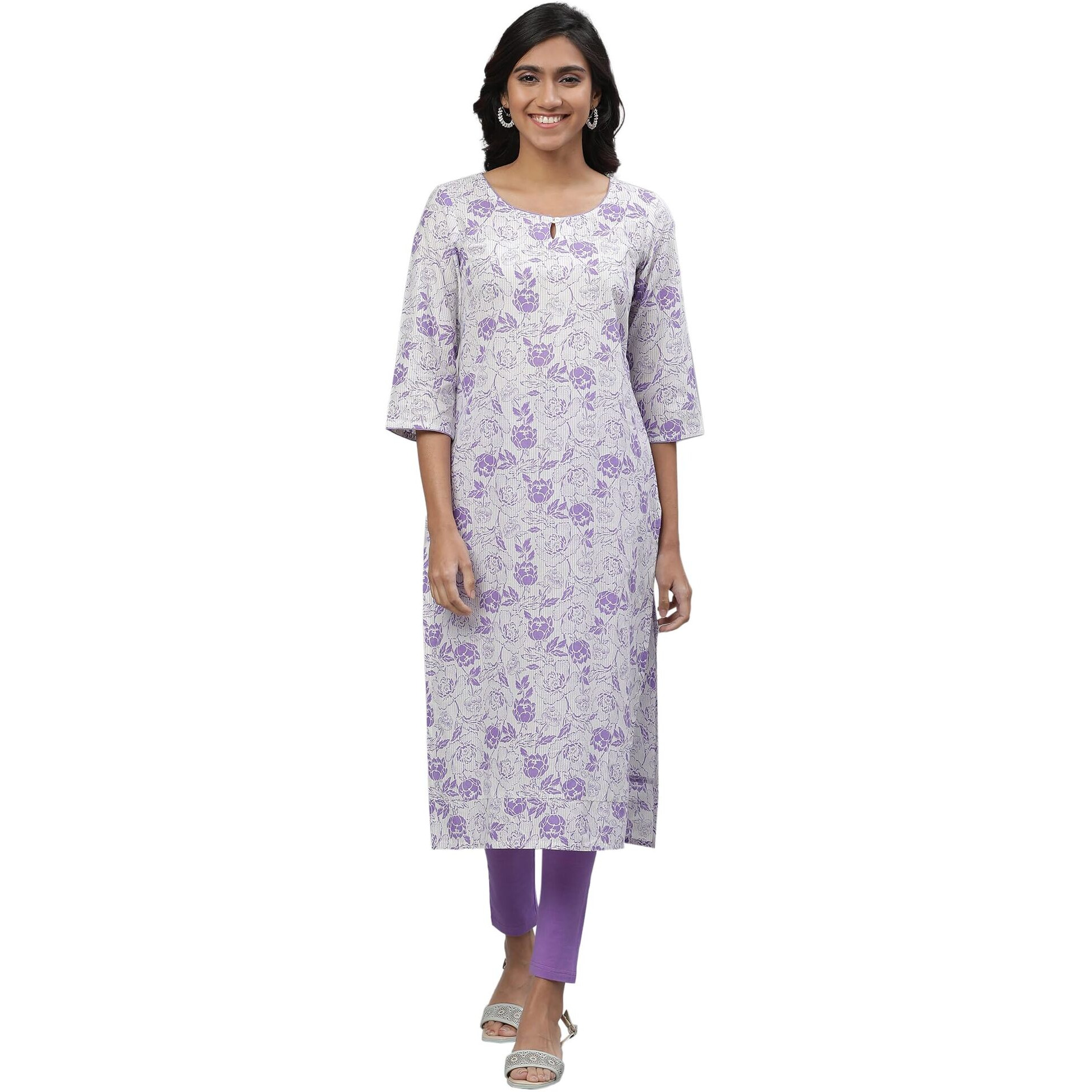 Aurelia White Floral Printed Printed Cotton Straight Long Kurta for Women