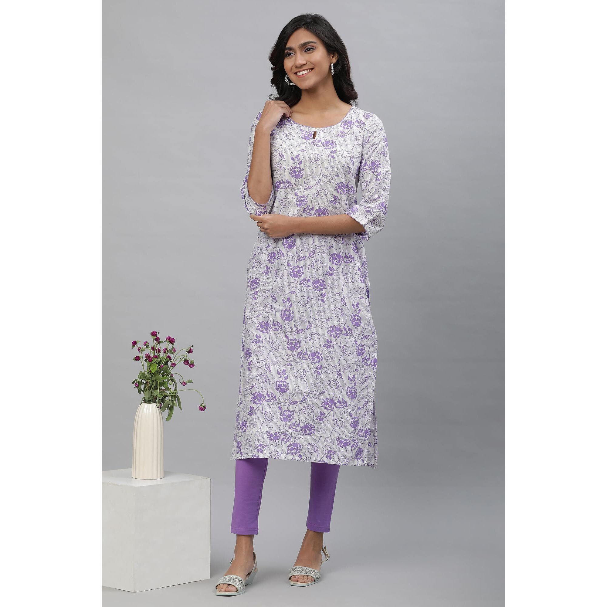 Aurelia White Floral Printed Printed Cotton Straight Long Kurta for Women
