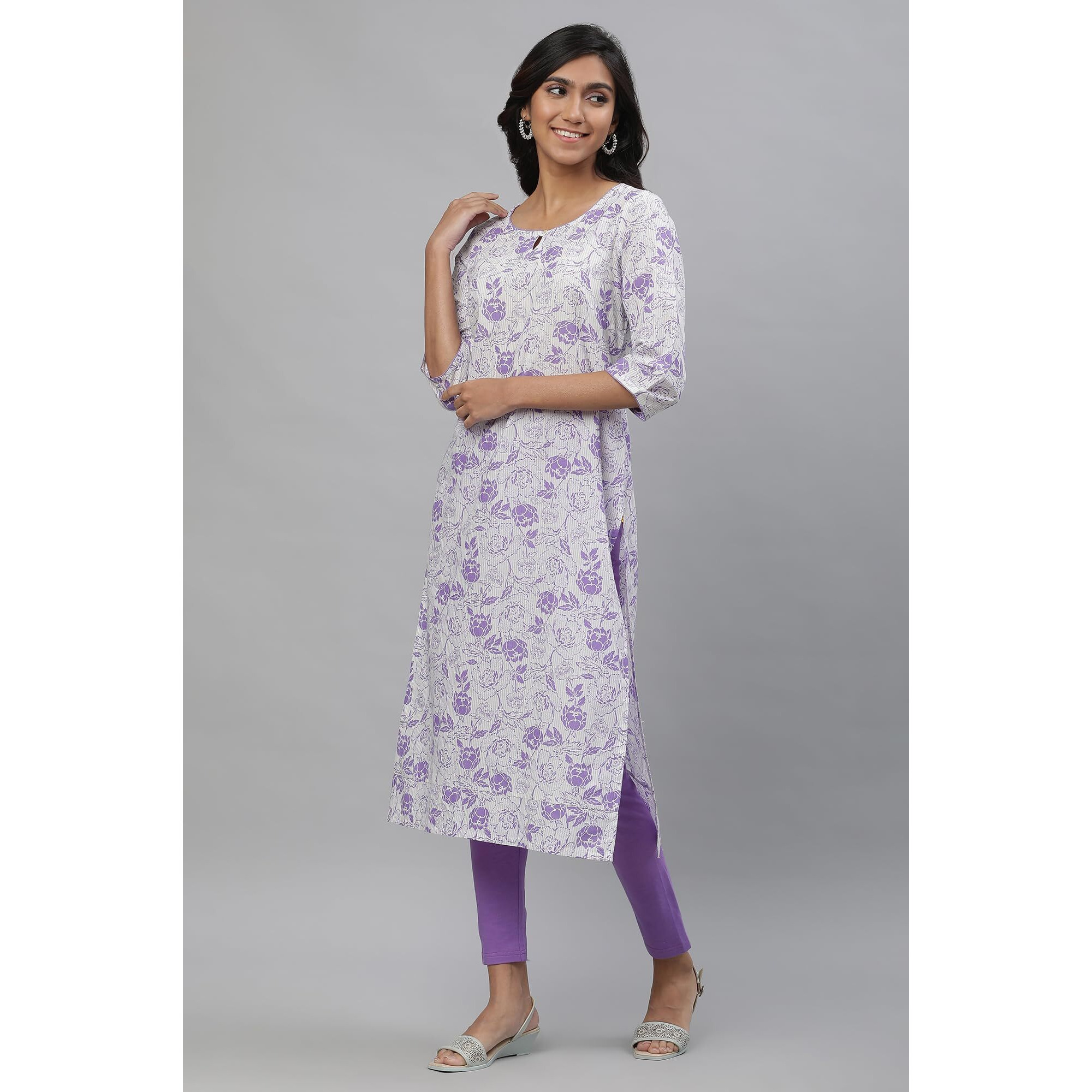 Aurelia White Floral Printed Printed Cotton Straight Long Kurta for Women