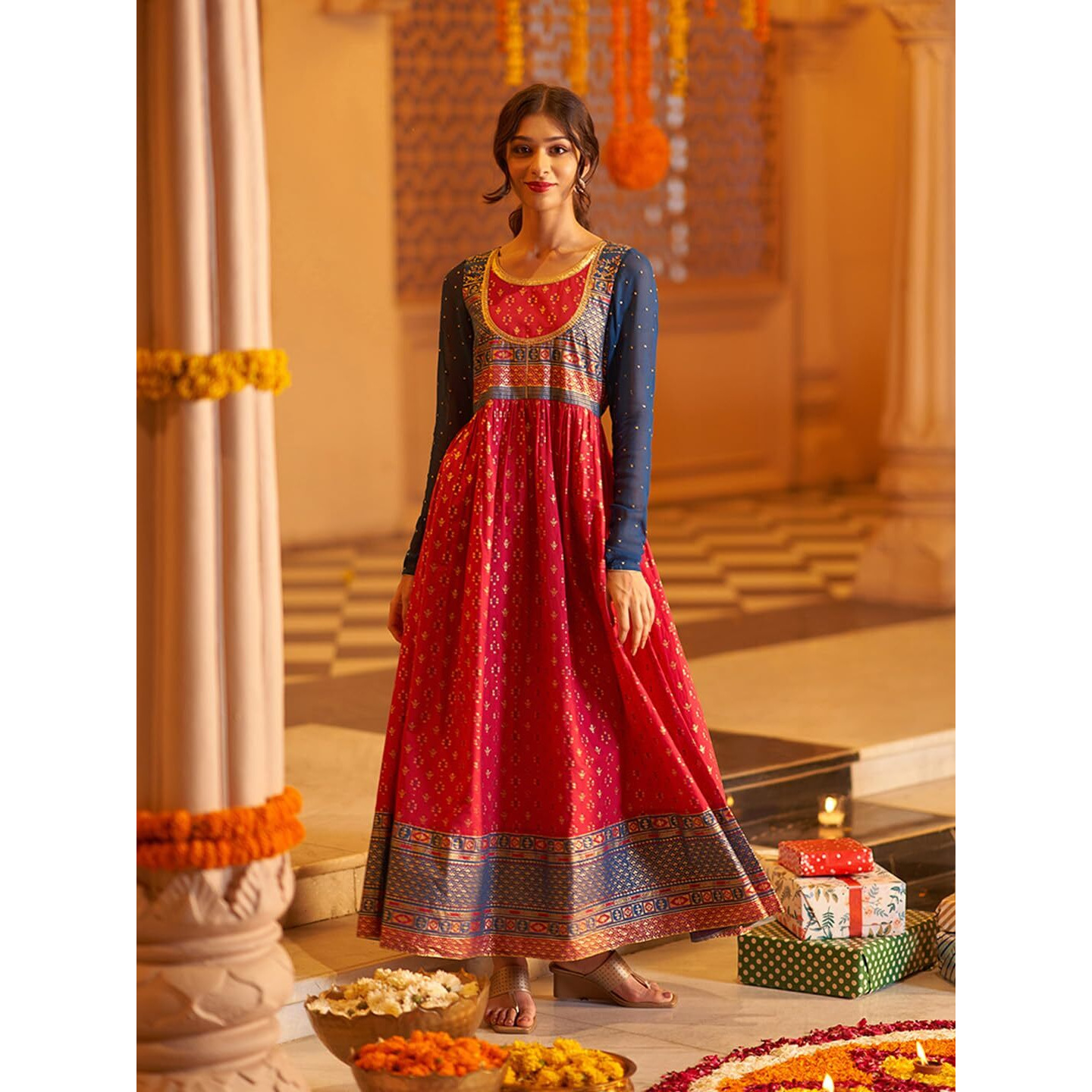 Aurelia Pink Ethnic Motif Cotton Anarkali Kurta with Lace