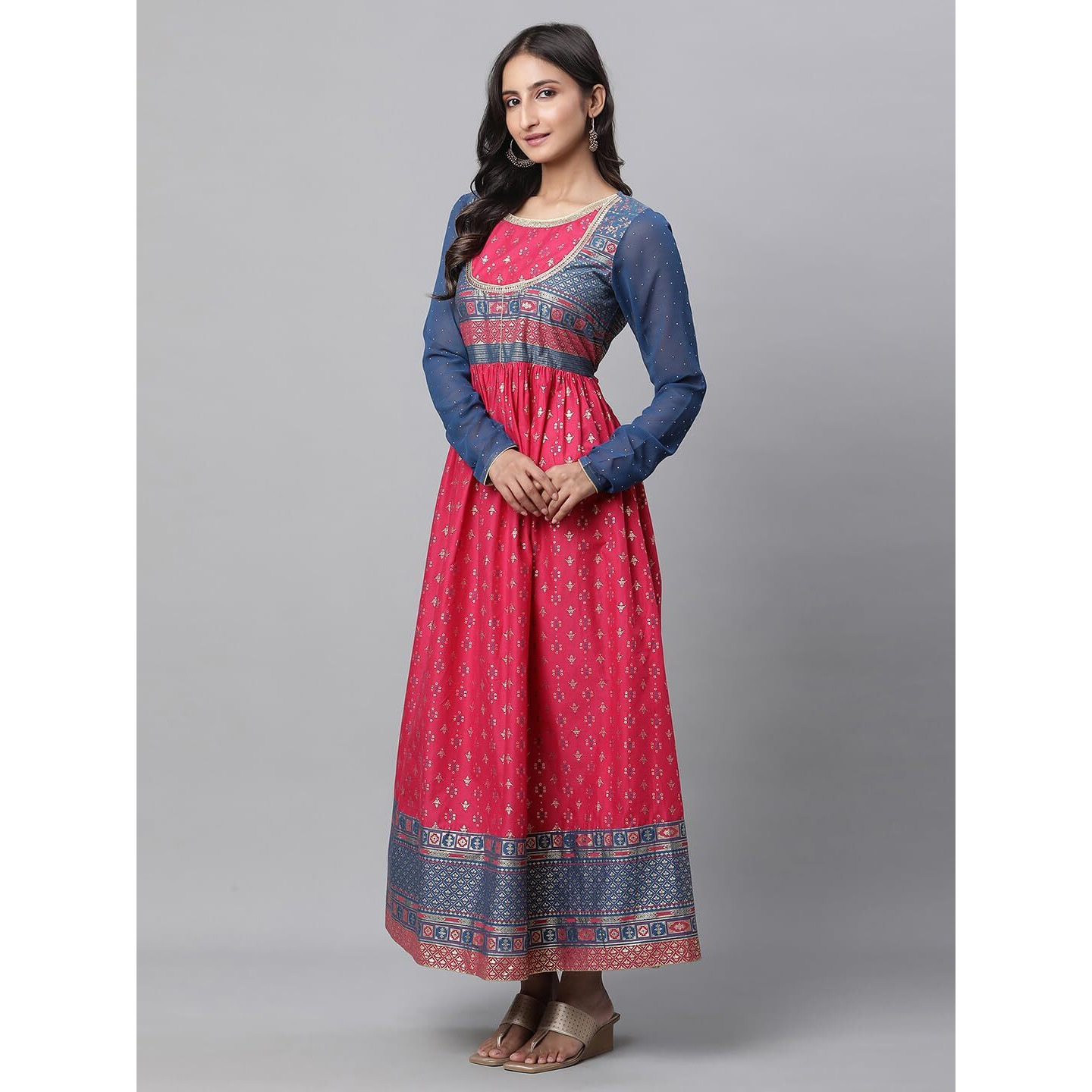 Aurelia Pink Ethnic Motif Cotton Anarkali Kurta with Lace